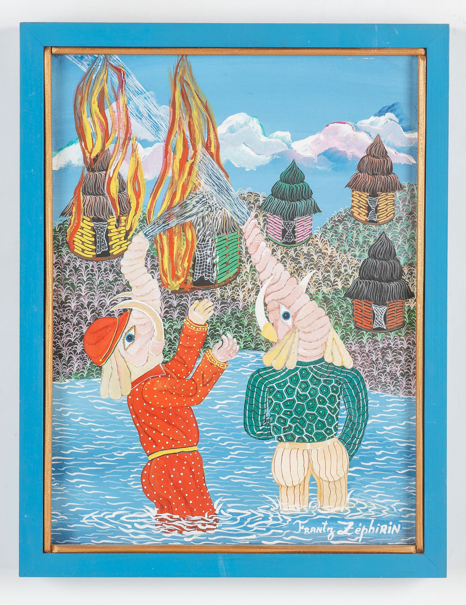 Frantz Zephirin (Haitian/Haiti) Fire and Water, Dated 1986: Frantz Zephirin (Haitian, b. 1968) Fire and Water, 1986, acrylic on canvas. Framed. Size: 16'' x 12'', 41 x 30 cm (stretcher); 17.5'' x 13.5'', 44 x 34 cm (frame). Provenance: Galerie Macondo. Recent
