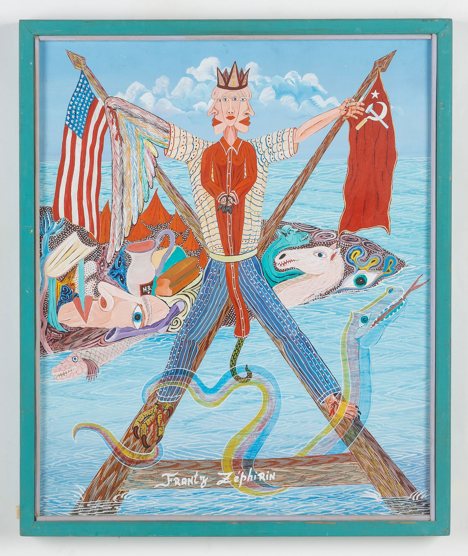 Frantz Zephirin (Haitian/Haiti) Trois Marassa, Circa 1987: Frantz Zephirin (Haitian, b. 1968) Trois Marassa with Flags, circa 1987, oil on canvas. Framed. Size: 24'' x 20'', 61 x 51 cm (stretcher); 26'' x 21.5'', 66 x 55 cm (frame). Provenance: Galerie Macond