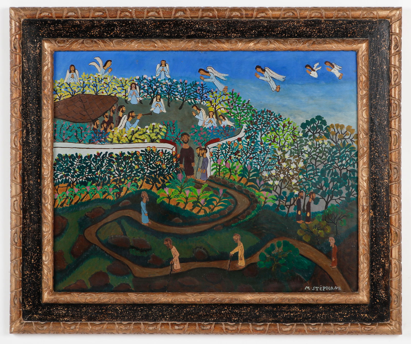 Micius Stephane (Haitian/Haiti) Gate of Heaven, Circa 1950’s: Micius Stephane (Haitian, 1912-1996) Gate of Heaven, oil on board, circa 1950’s. Size: 24'' x 30'', 61 x 76 cm (board); 34.25'' x 38.75'', 87 x 98 cm (frame). Provenance: Centre d’Art (Haiti), Art