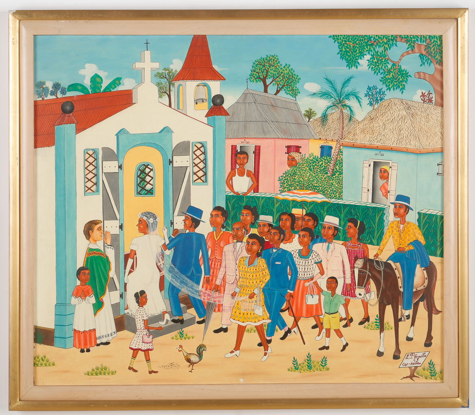 E.P. Augustin (Haitian/Haiti) Wedding Procession: E.P. Augustin (Haitian/Cap-Haitien, 20th c.) Wedding Procession Entering Church, oil on masonite board. Framed. Size: 24'' x 28'', 61 x 71 cm (board); 27'' x 31'', 69 x 79 cm (frame). Provenance: Priv