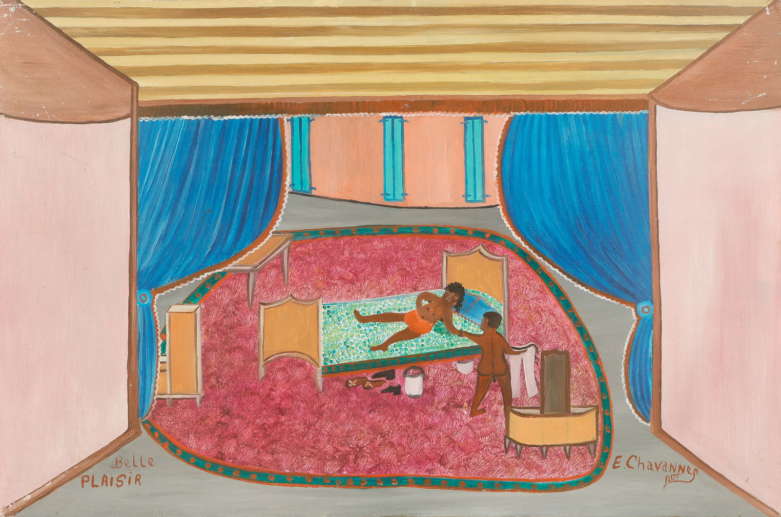 Etienne Chavannes (Haitian/Haiti) Belle Plaisir, 1970's: Etienne Chavannes (Haitian, 1939-2018) Belle Plaisir, circa 1970's, oil on masonite board. Unframed. Size: 16'' x 24'', 41 x 61 cm (board). Provenance: Galerie Macondo. Chavannes in Select Exhibitions