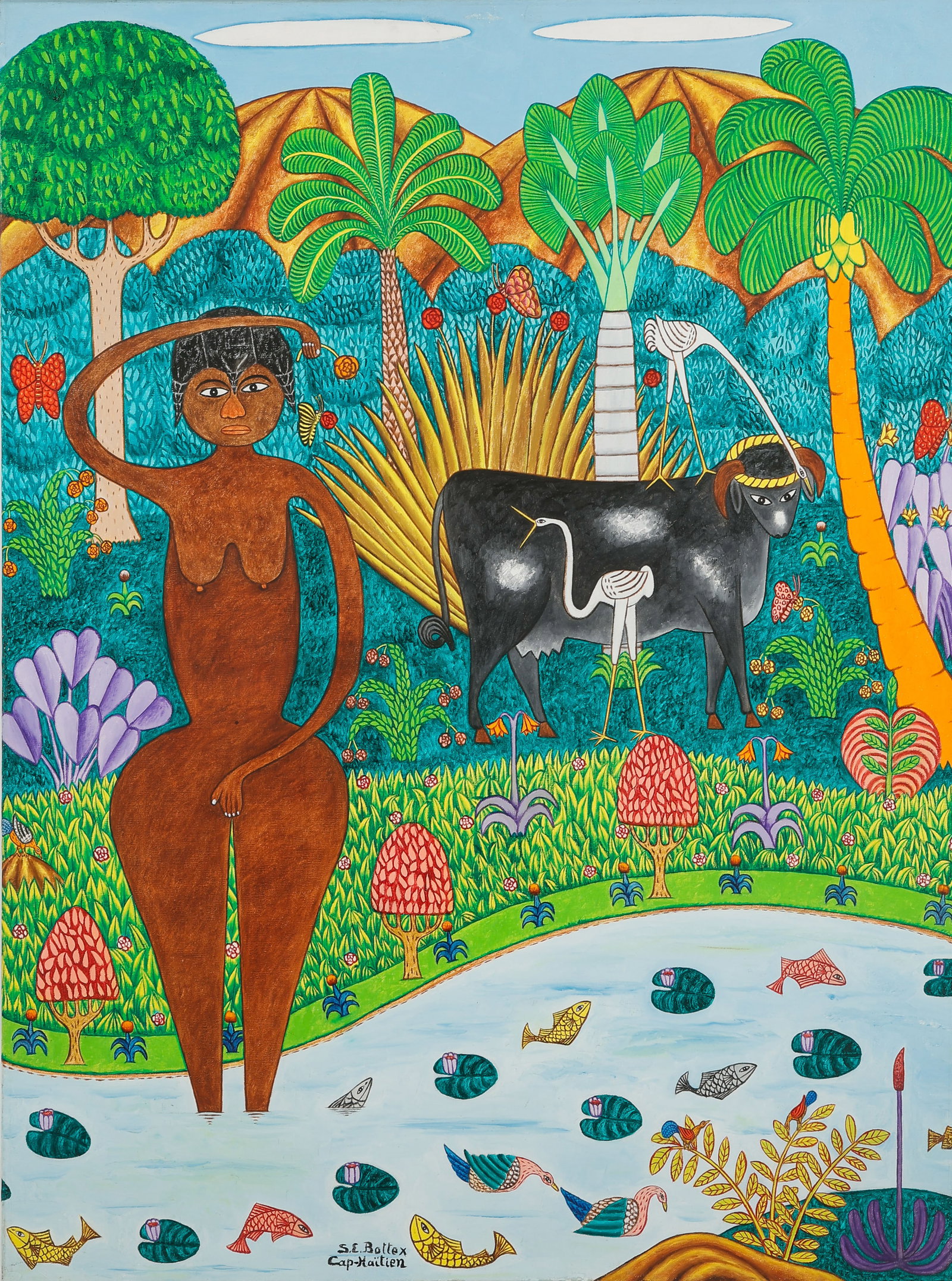Seymour Etienne Bottex (Haitian/Haiti) Nude in Jungle, 1960's: Seymour Etienne Bottex (Haitian, 1922-2016) Nude in Jungle Scene, circa 1960's, oil on canvas. Unframed. Size: 48'' x 36 '', 122 x 91 cm (stretcher). Provenance: Sotheby Parke Bernet, PB Eighty Four, 