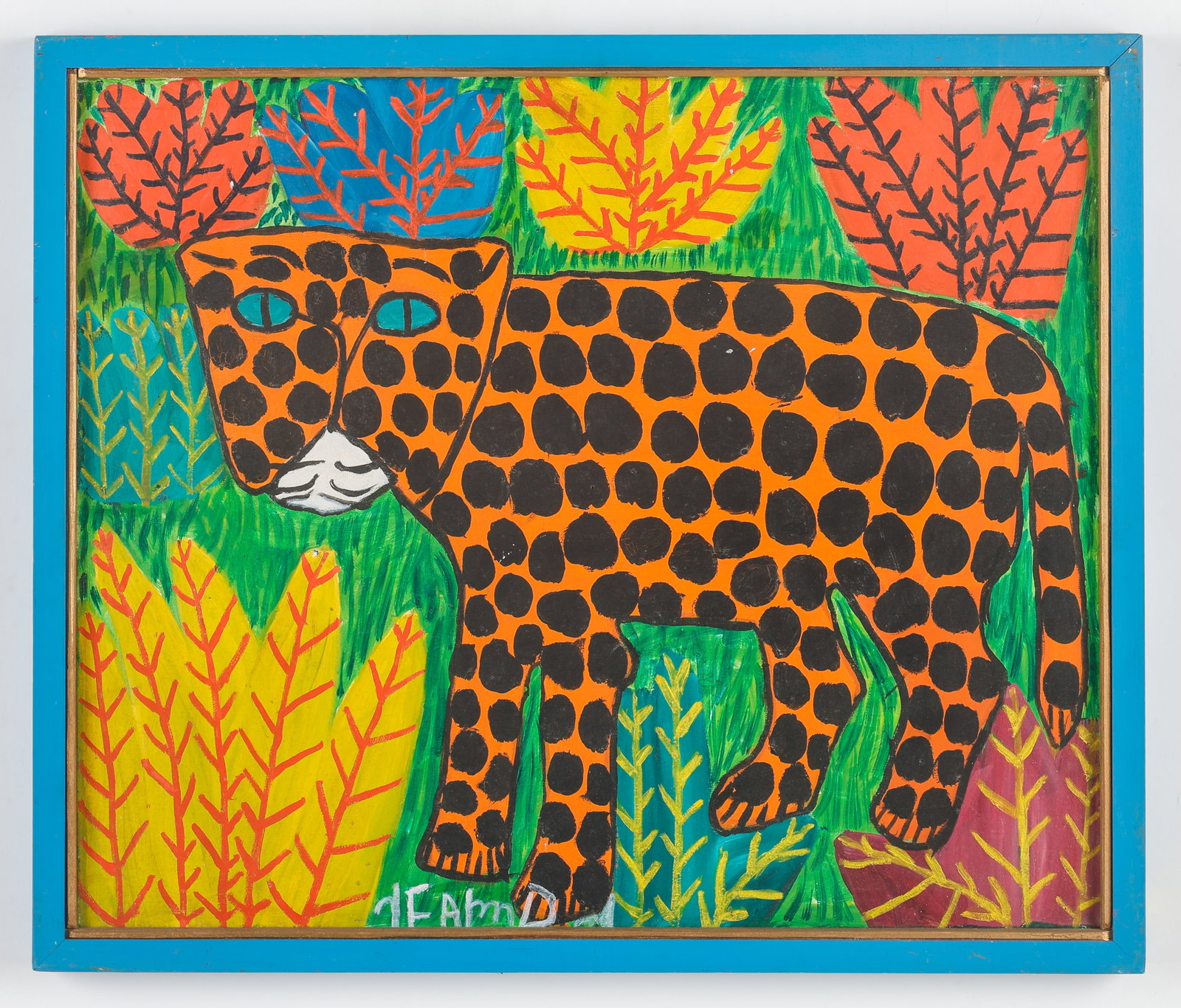 TiTra (Jean Fatreuse Delva) (Haitian/Haiti) Leopard, 1990's: TiTra (Jean Fatreuse Delva) (Haitian, 20th c.) Leopard, circa 1990's, acrylic on canvas. Framed. Size: 20'' x 24'', 51 x 61 cm (stretcher); 21.75'' x 25.5'', 55 x 65 cm (frame). Provenance: Galerie Ma