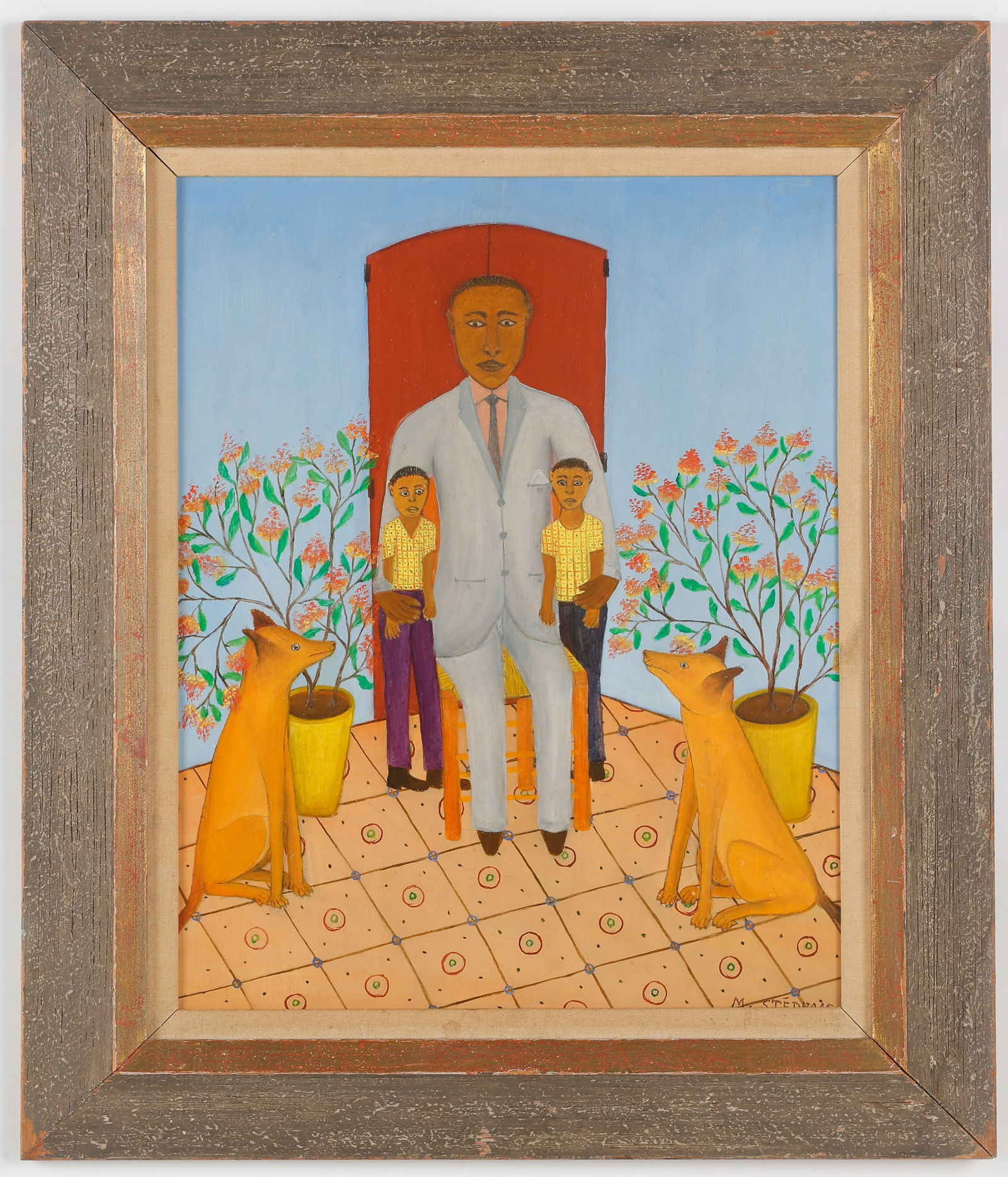 Micius Stephane (Haitian/Haiti) Family, Circa 1960's: Micius Stephane (Haitian, 1912-1996) Family, oil on masonite, circa 1960's. Size: 20'' x 16'', 51 x 41 cm (board); 27'' x 23'', 69 x 58 cm (frame). Provenance: Carmen Corrales, Esq, Private Collection