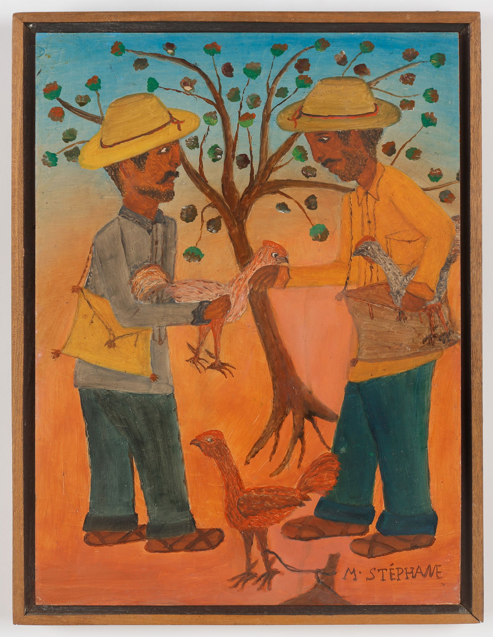 Micius Stephane (Haitian/Haiti) Rooster Exchange, Circa 1962: Micius Stephane (Haitian, 1912-2012) Rooster Exchange, circa 1962, oil on masonite board. Framed. Size: 14'' x 10.25'', 36 x 26 cm (board); 15'' x 11.5'', 38 x 29 cm (frame). Provenance: Centre d'Art,