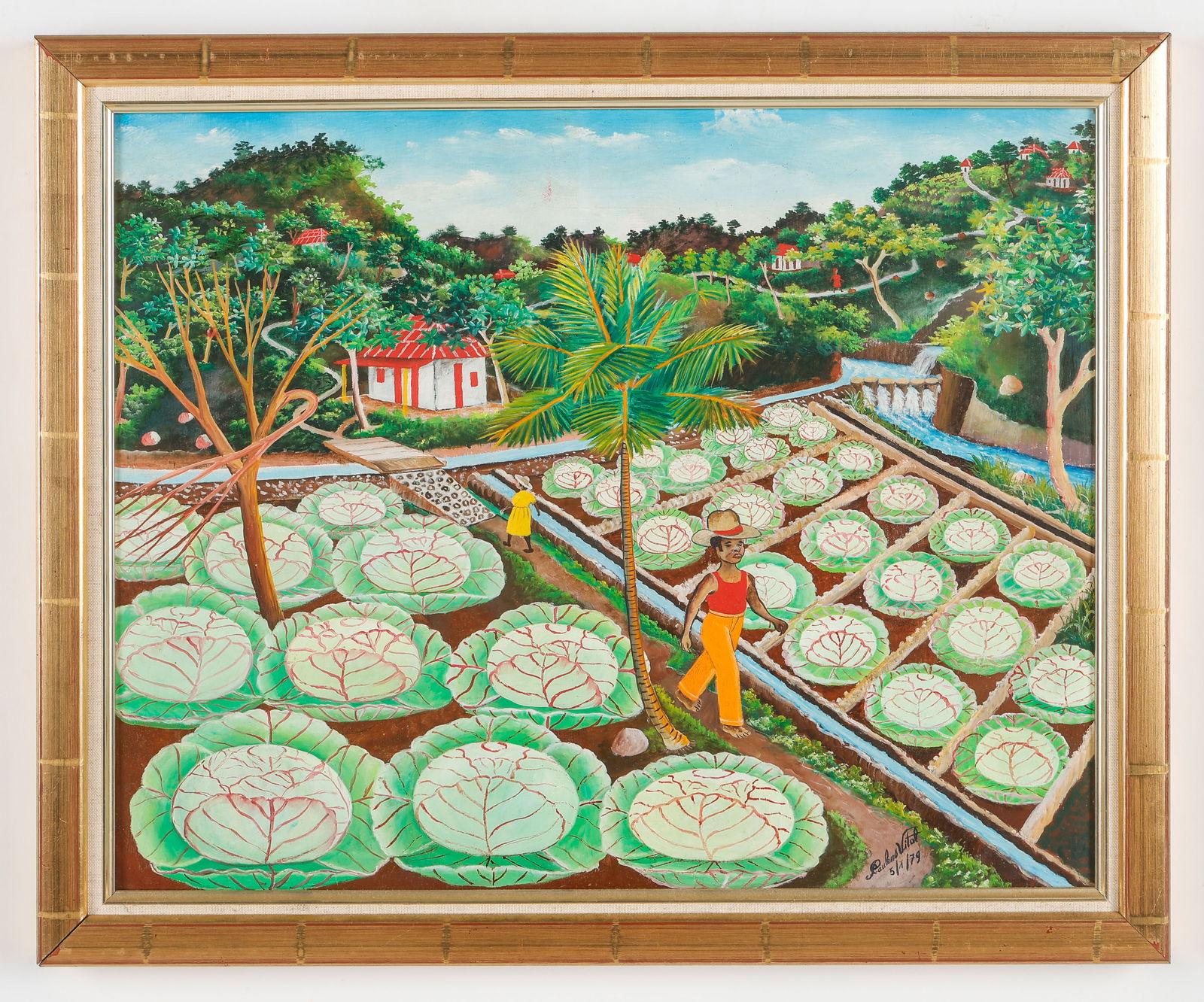 Pauleus Vital (Haitian/Haiti) Cabbage Field, Dated 1979: Pauleus Vital (Haitian, 1917-1984) Cabbage Field, 1979, oil on masonite board. Framed. Size: 16'' x 20'', 41 x 51 cm (board); 18.5'' x 22.5'', 47 x 57 cm (frame). Provenance: Galerie Macondo. Select M
