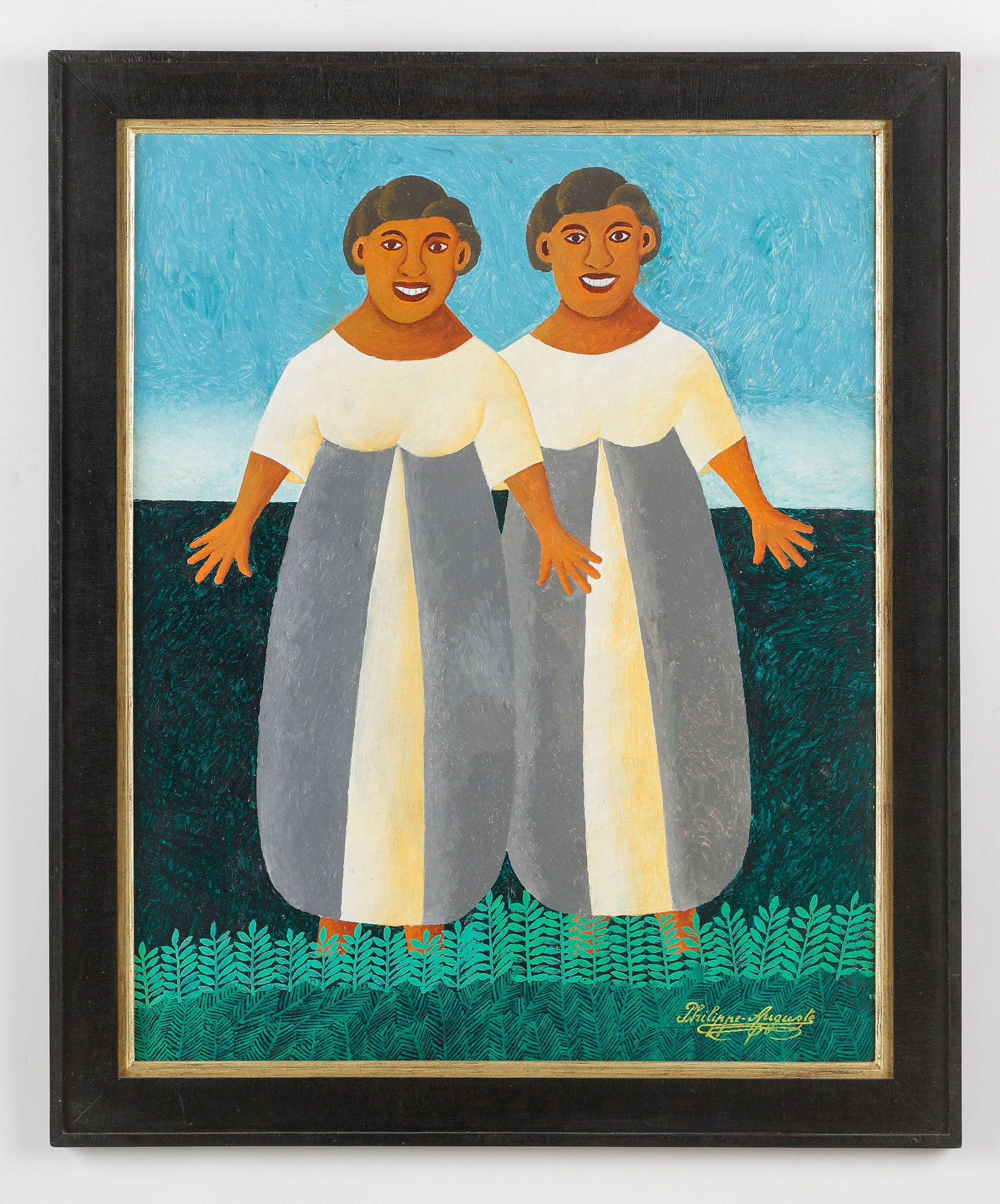 Salvave Philippe-August (Haitian/Haiti) Marassa, circa 1980’s: Salnave Philippe-Auguste (Haitian, 1908-1989) Marassa, circa 1980’s, oil on masonite board. Framed. Size: 29.5'' x 23.5'', 75 x 60 cm (sight); 34.75'' x 28.75'', 88 x 73 cm (frame). Frame by House o