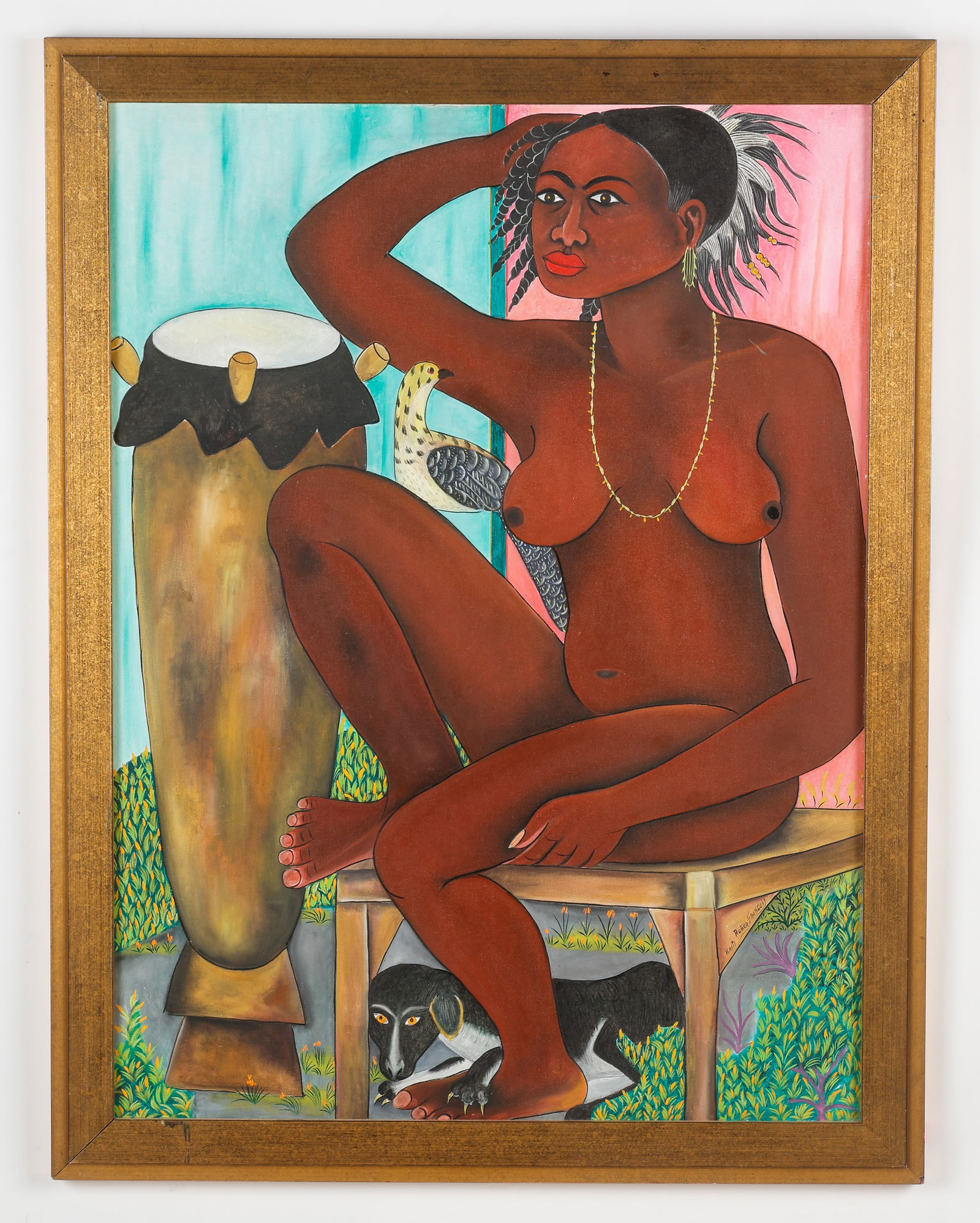 Roger Francois (Haitian/Haiti) Seated Nude (Dog & Drum): Roger Francois (Haitian, 1928-2013) Seated Nude (with dog and drum,) circa 1999, acrylic on canvas panel. Framed. Size: 39.75'' x 29.5'', 101 x 75 cm (sight); 44.75'' x 34.5'', 114 x 88 cm (frame). Pr