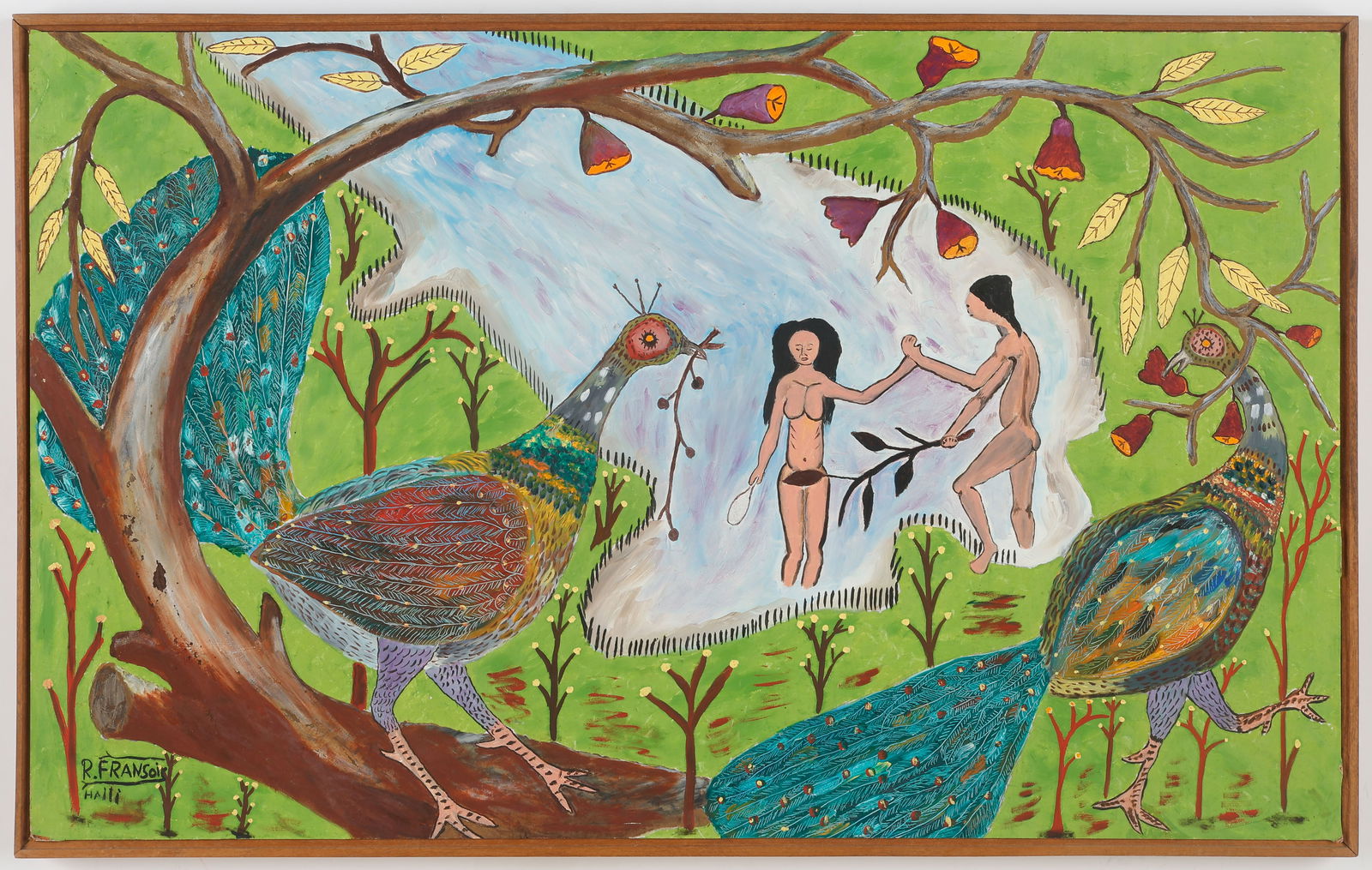 Roger Francois (Haitian/Haiti) Peacocks, Circa 1960's: Roger Francois (Haitian, 1928-2013) Peacocks, circa 1960's, oil on masonite board. Framed. Size: 20'' x 32'', 51 x 81 cm (board); 20.5'' x 32.5'', 52 x 83 cm (frame). Provenance: Centre d'Art, Haiti,