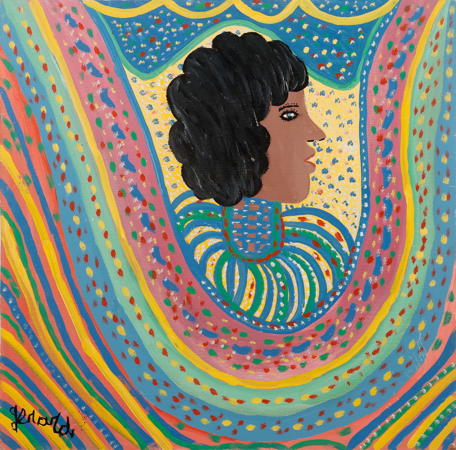 Gerard Fortune (Haitian/Haiti) Profile, Circa 1980's: Gerard Fortune (Haitian, 1924-2019) Profile, circa 1980's, oil painting on masonite board. Unframed. Size: 23.25'' x 24'', 59 x 61 cm (board). Provenance: Regine Chassagne & Win Butler. Select Collect