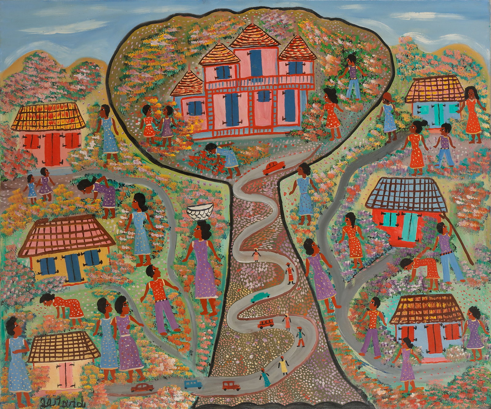 Gerard Fortune (Haitian/Haiti) Road To La Boule, Circa 1986: Gerard Fortune (Haitian, 1935-2019) Road to La Boule, circa 1986, acrylic on canvas. Unframed. Size: 40'' x 48'', 102 x 122 cm (stretcher). Provenance: Galerie Macondo. Select Collection: Huntington M