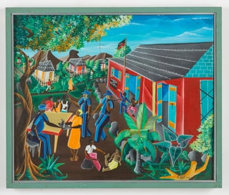 Edouard Vital (Haitian/Haiti.) Rural Court Scene, Dated 1986