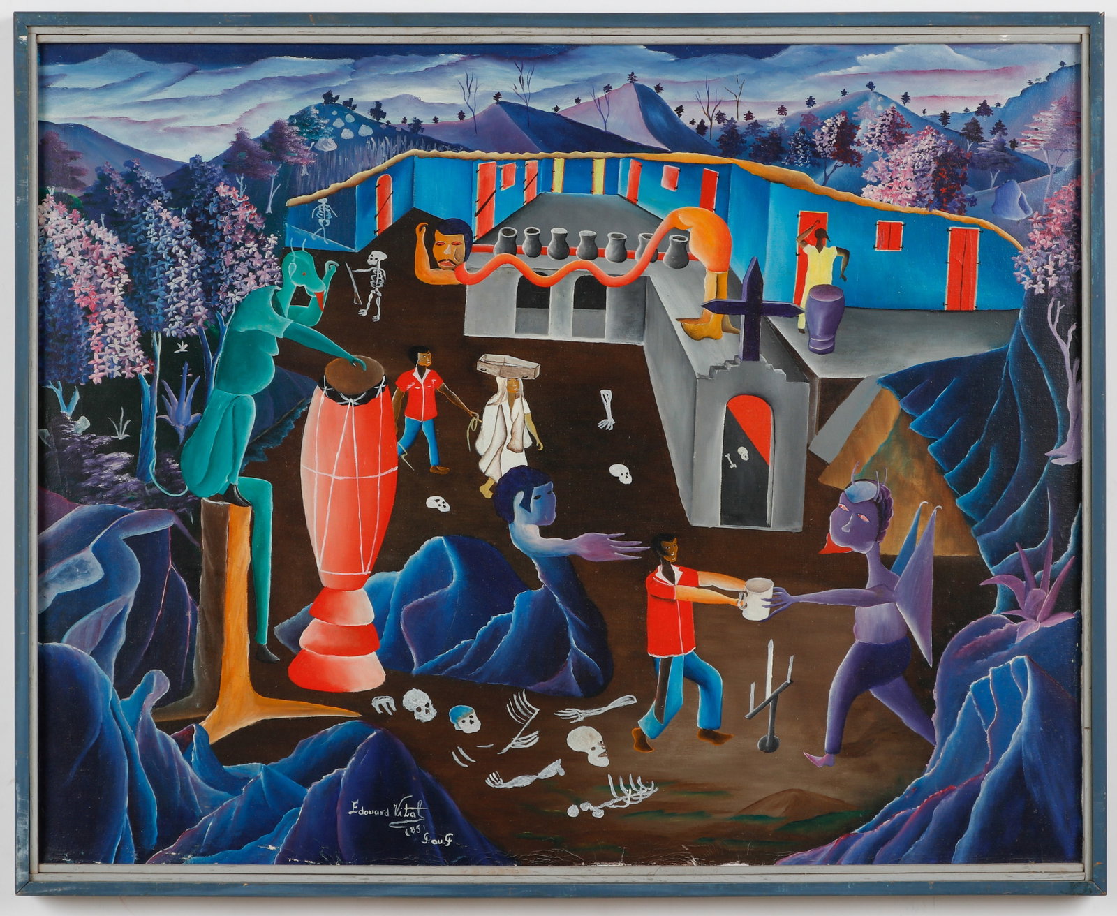Edouard Vital (Haitian/Haiti) Ceremonial Scene, 1985: Edouard Vital (Haitian, 20th c.) Ceremonial Scene, 1985, oil on canvas. Framed. Size: 24'' x 30'', 61 x 76 cm (stretcher); 25'' x 31'', 64 x 79 cm (frame). Provenance: Galerie Macondo.