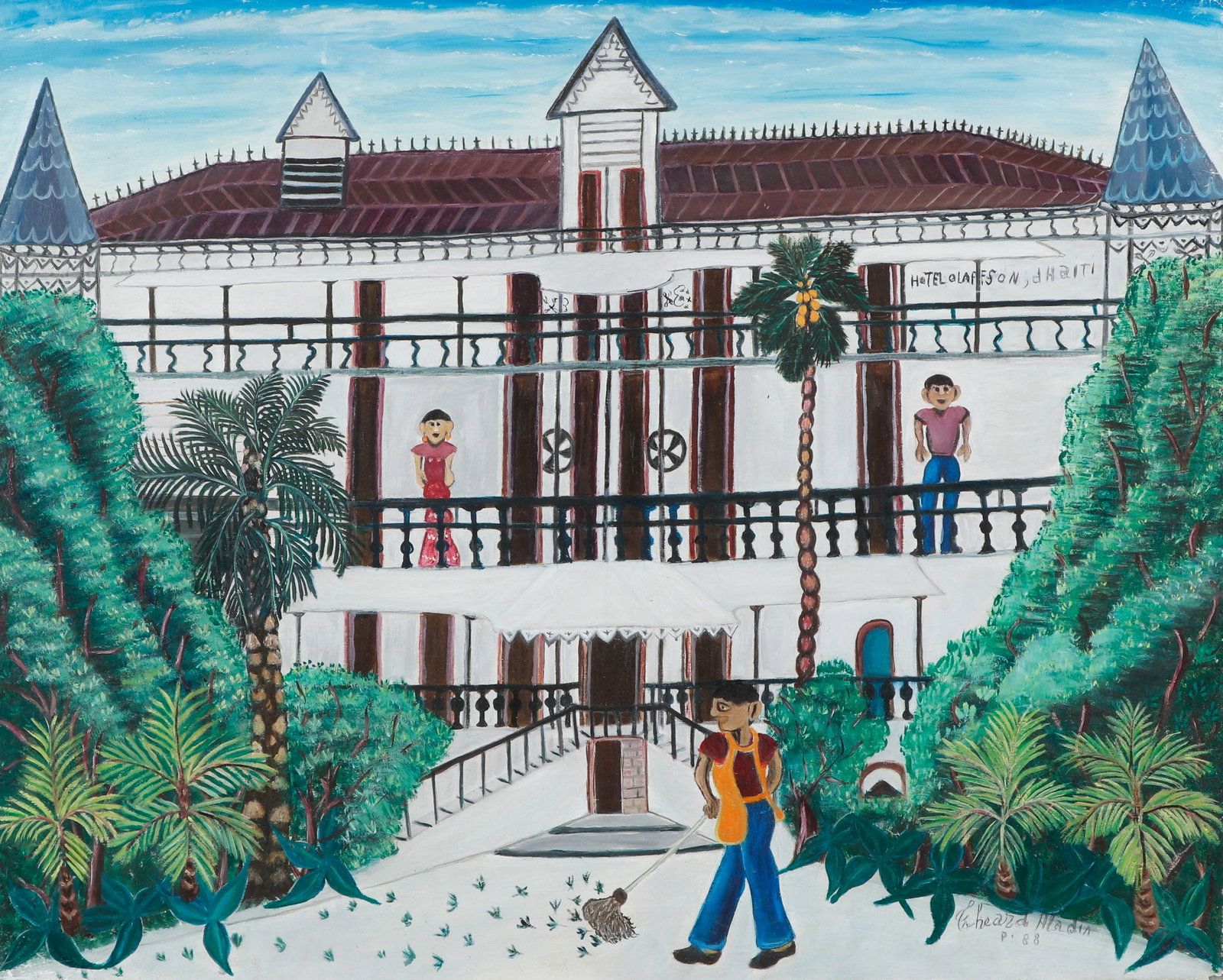 Theard Aladin (Haitian/Haiti) Hotel Oloffson, 1988: Theard Aladin (Haitian, 1925-1993) Hotel Oloffson, d' Haiti, 1988, oil on canvas. Unframed. Size: 24.25'' x 30'', 62 x 76 cm (stretcher). Provenance: Galerie Macondo.