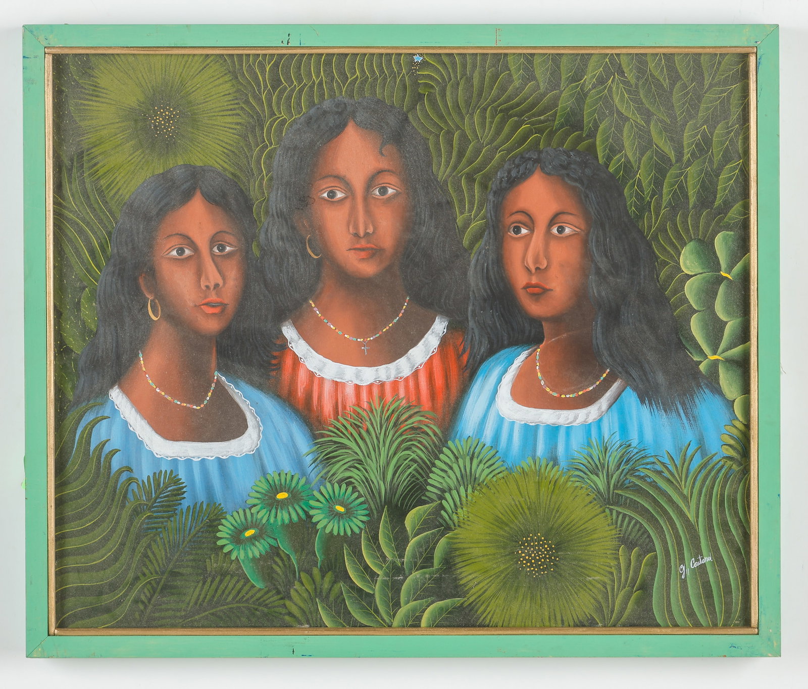 Gabriel Coutard (Haitian/Haiti) Three Women of Egypt: Gabriel Coutard (Haitian, b. 1965) The Three Women of Egypt, oil on canvas. Framed. Size: 20'' x 24'', 51 x 61 cm (stretcher); 21.5'' x 25.75'', 55 x 65 cm (frame). Provenance: Galerie Macondo.