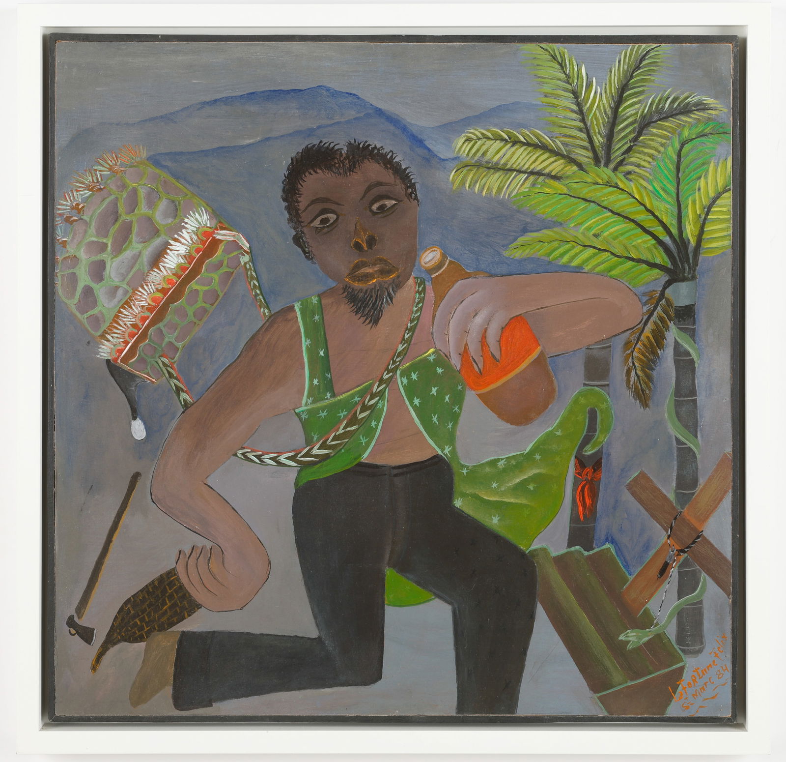 LaFortune Felix (Haitian/Haiti) Houngan, Dated 1984: LaFortune Felix (Haitian, 1933-2016) Houngan, 1984, oil on masonite, 24'' x 24''/ 61 x 61 cm. Framed: 26.5'' x 26.5''/ 67 x 67 cm. Provenance: Former Jonathan Demme Collection. Known for agrarian cont