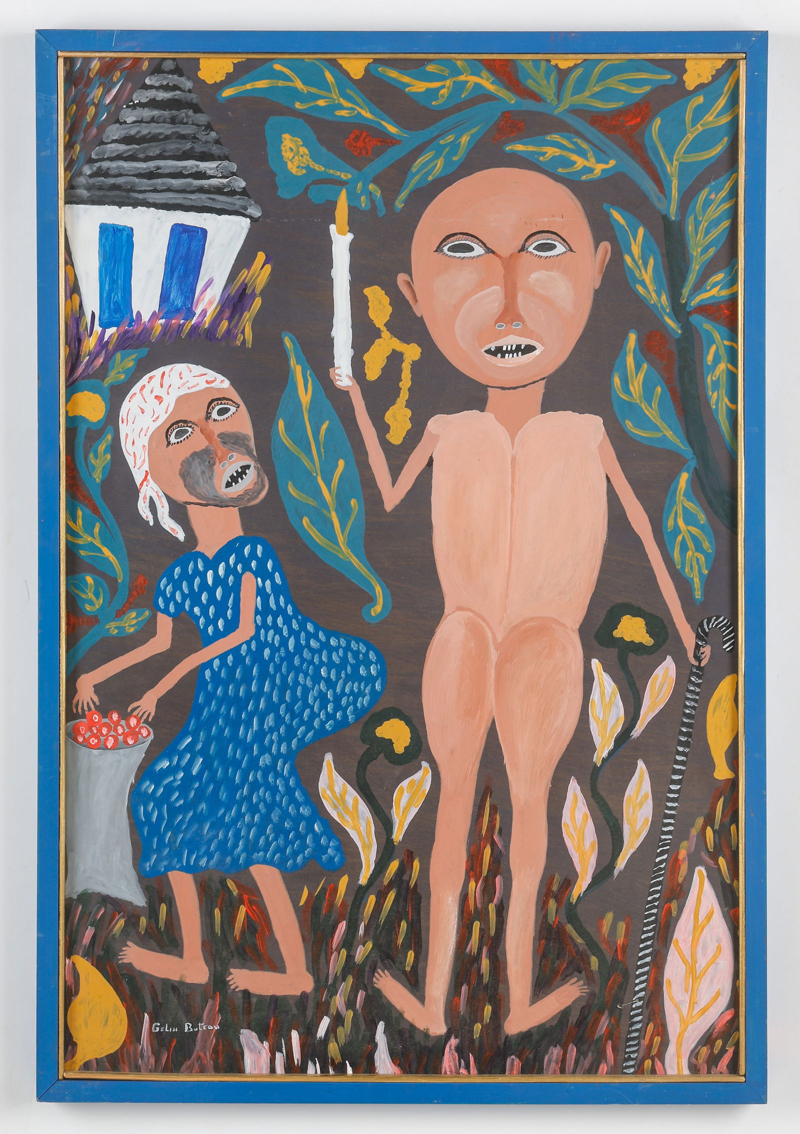 Gelin Buteau (Haitian/Haiti) Night Time Encounter: Gelin Buteau (Haitian, 1954-2000) Night Time Encounter, oil on masonite board. Framed. Size: 36'' x 24'', 91 x 61 cm (board); 37.5'' x 25.5'', 95 x 65 cm (frame). Provenance: Galerie Macondo.