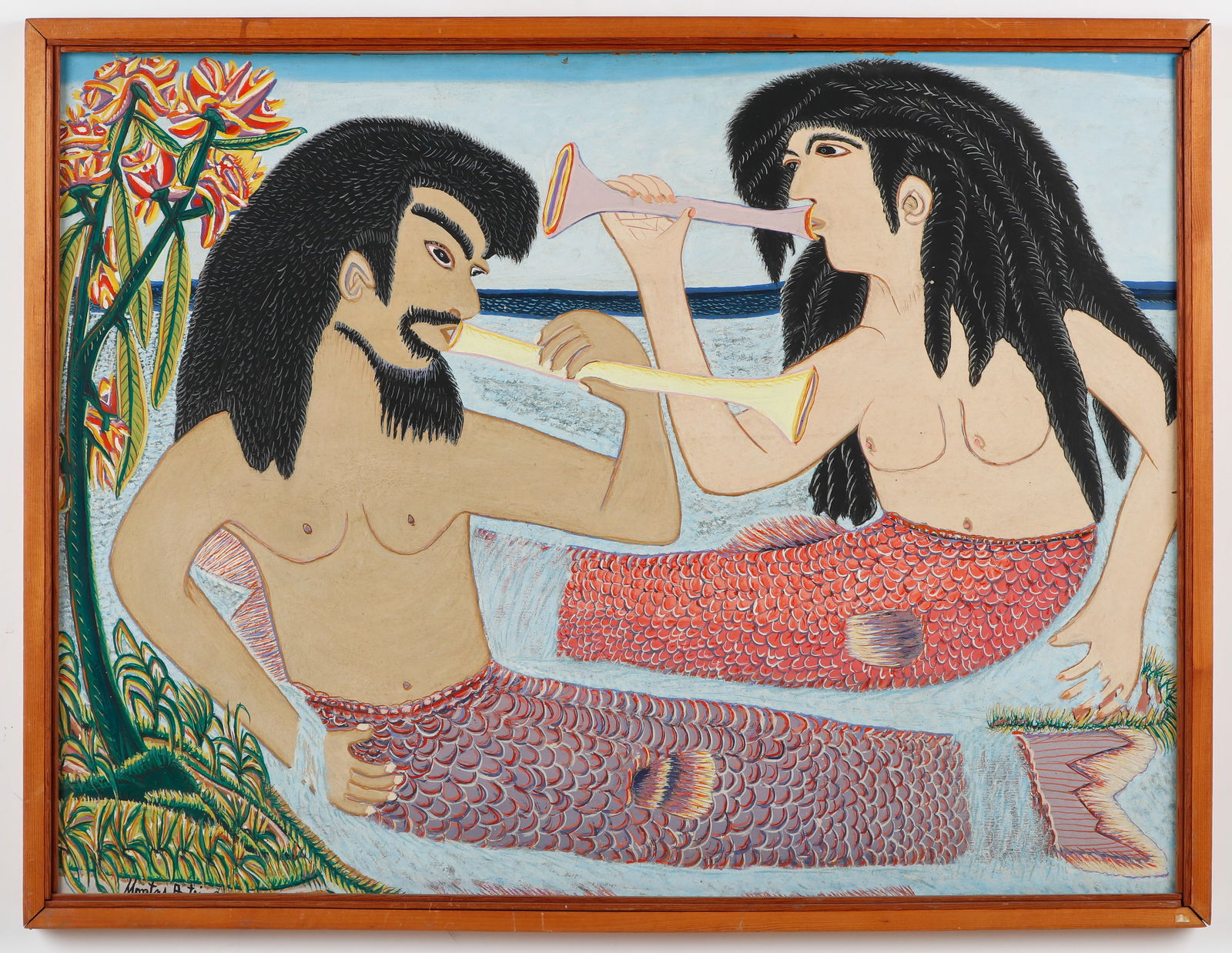 Montas Antoine (Haitian/Haiti) Agoue et la Sirene, Circa 1970: Montas Antoine (Haitian, 1926-1988) Agoue et la Sirene, circa 1970, oil on masonite board. Framed. Size: 30'' x 39.5'', 76 x 100 cm (board); 32'' x 41.5'', 81 x 105 cm (frame). Provenance: Galerie Mac