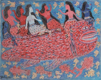 Gerard Fortune (Haitian/Haiti) Mermaids On Mystical Fish, Circa 1999