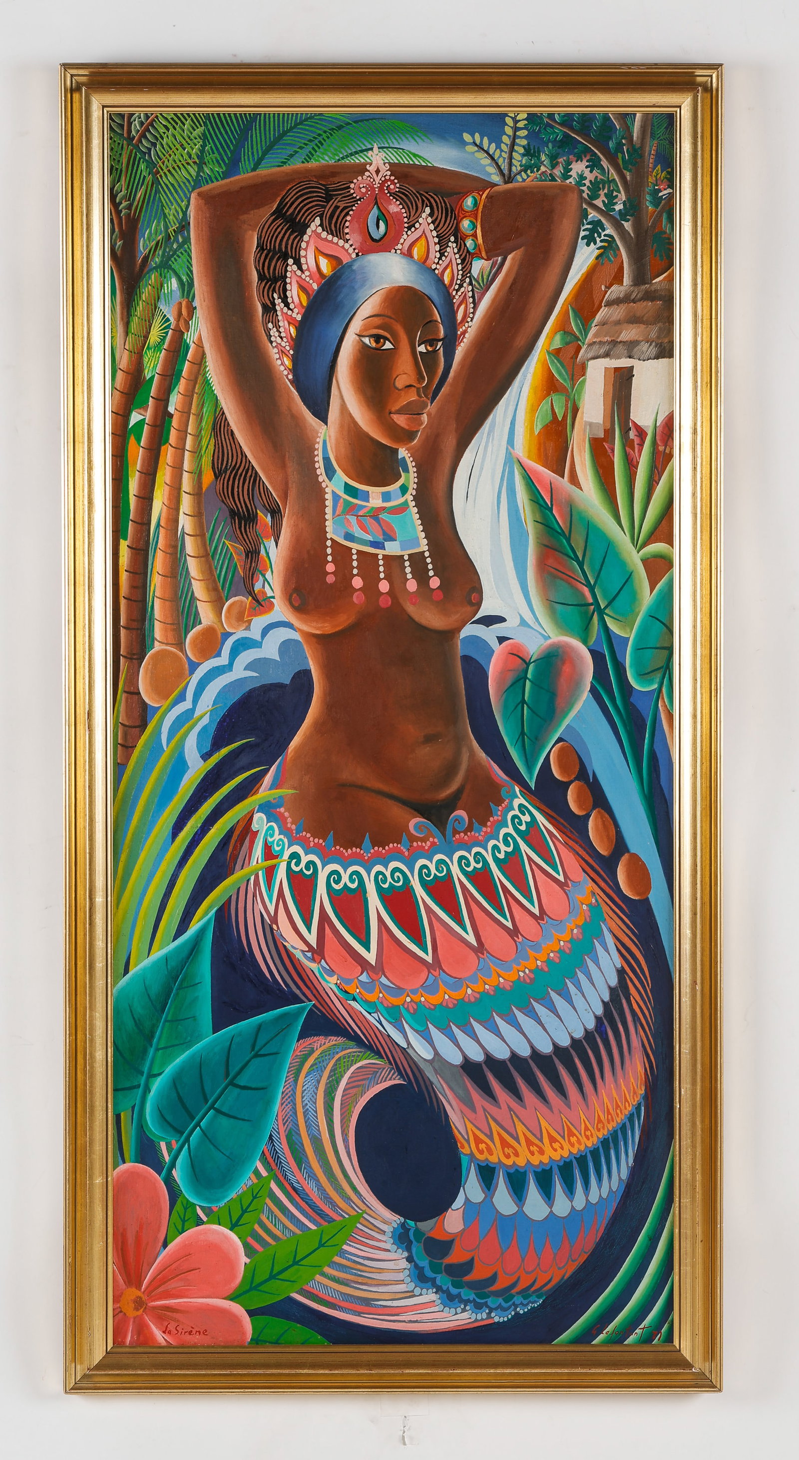 Gerard Lafontant (Haitian/Haiti) La Sirene, 1971: Gerard Lafontant (Haitian, b. 1947) La Sirene, 1971, oil on canvas. Framed. Size: 52'' x 24'', 132 x 61 cm (stretcher); 55.5'' x 27.5'', 141 x 70 cm (frame). Provenance: Sedare Coradin Collection.
