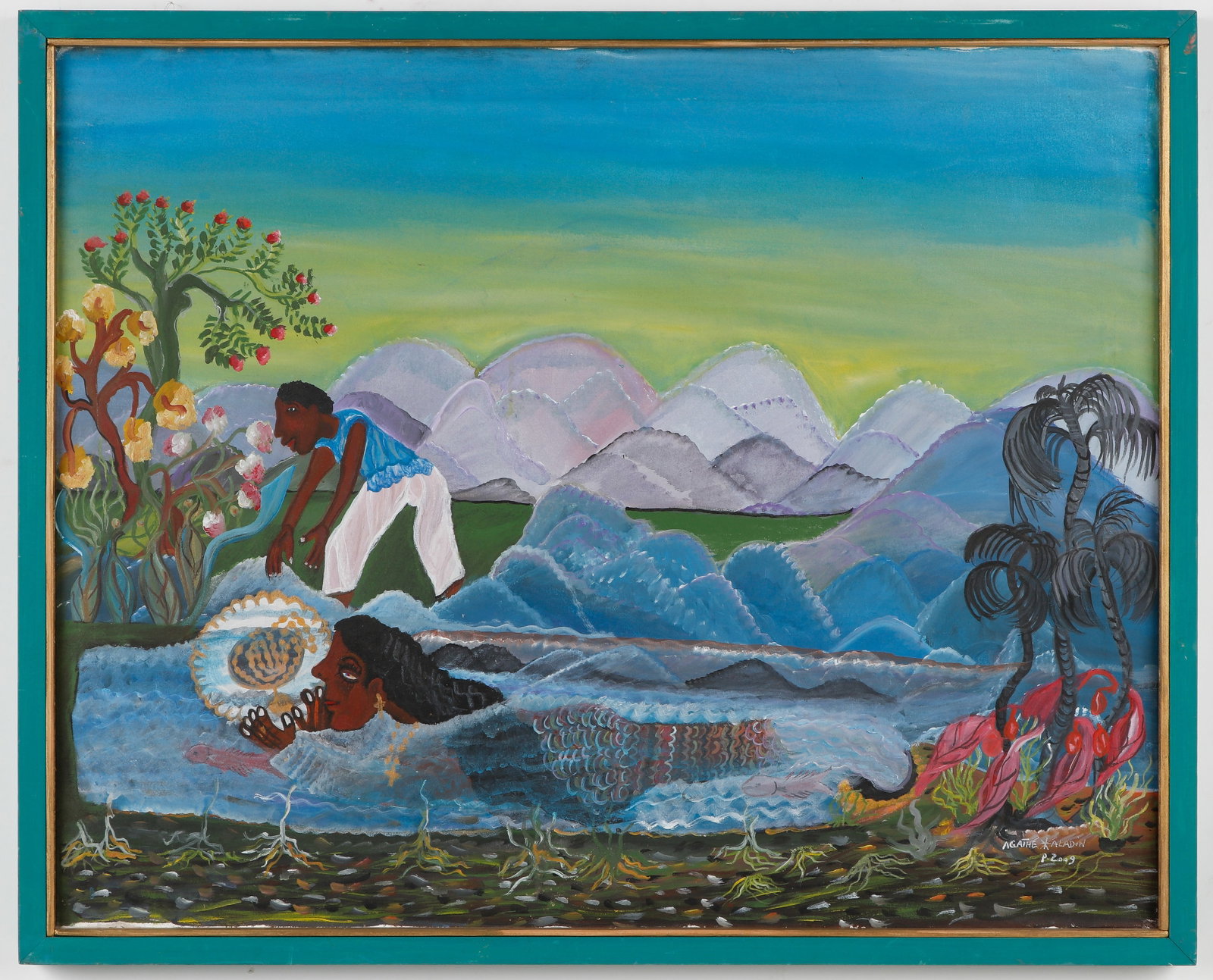 Agathe Aladin (Haitian/Haiti) Simbi, Goddess of Fresh Water: Agathe Aladin (Haitian, b. 1967) Simbi, Goddess of Fresh Water, 2009, acrylic on canvas. Framed. Size: 24'' x 30'', 61 x 76 cm (stretcher); 25.5'' x 31.5'', 65 x 80 cm (frame). Provenance: Galerie Mac
