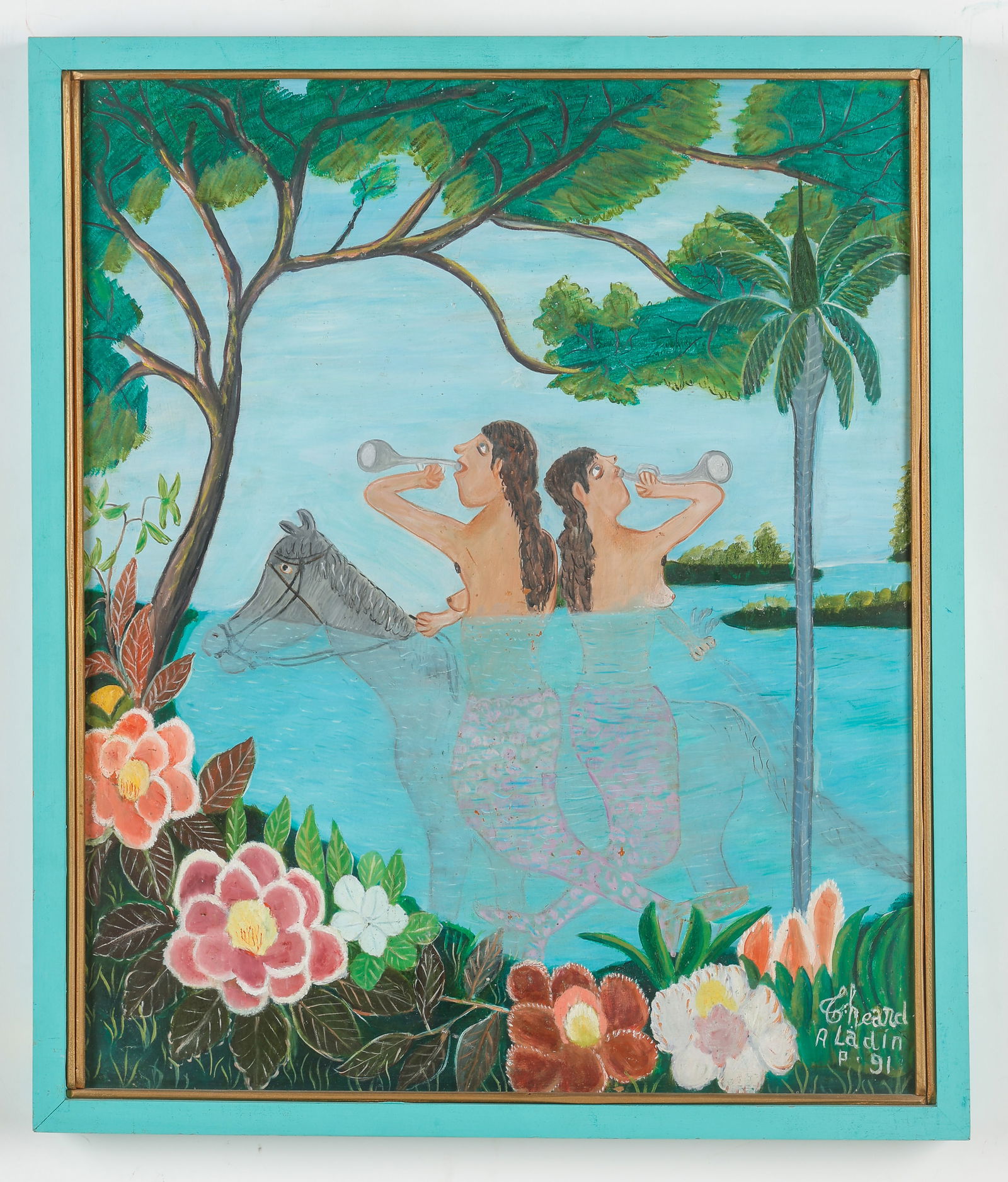 Theard Aladin (Haitian/Haiti) Mermaids on Horseback, 1991: Theard Aladin (Haitian, 1925-1993) Mermaids on Horseback, 1991, oil on masonite board. Framed. Size: 24'' x 20'', 61 x 51 cm (stretcher); 26'' x 22'', 66 x 56 cm (frame). Provenance: Galerie Macondo.