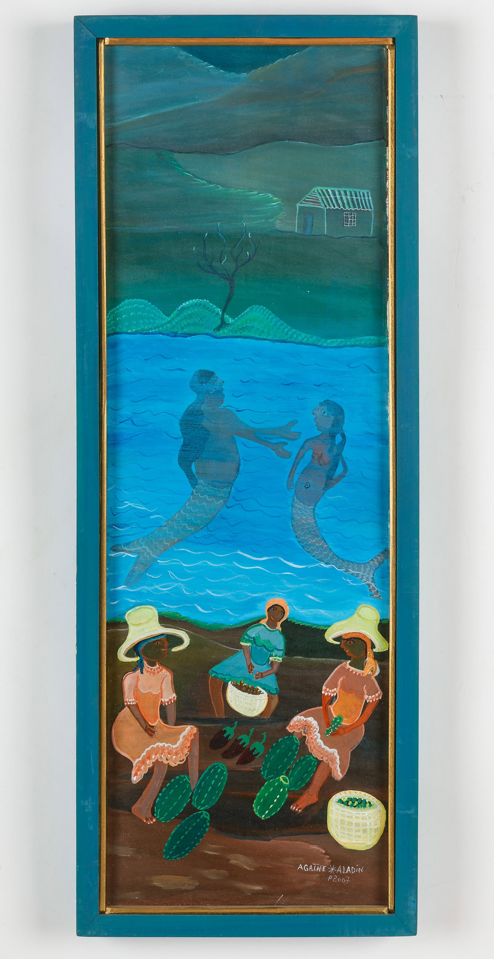 Agathe Aladin (Haitian/Haiti) Mermaids by Seaside Market: Agathe Aladin (Haitian, b. 1967) Mermaids by Seaside Market, 2007, oil on canvas. Framed. Size: 30'' x 10'', 76 x 25 cm (stretcher); 31.5'' x 11.75'', 80 x 30 cm (frame). Provenance: Galerie Macondo.