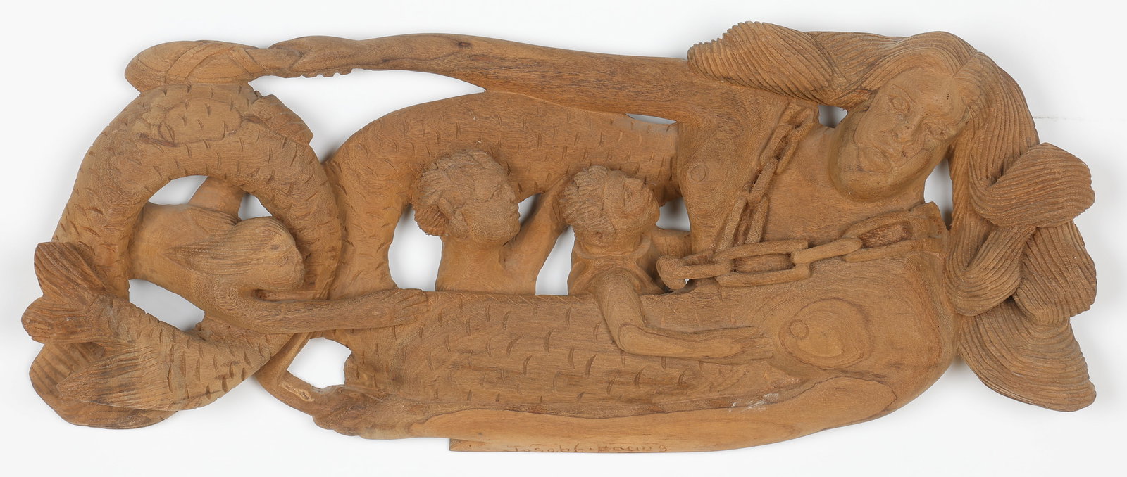 Nacius Joseph (Haitian/Haiti) Mermaid Vessel: Nacius Joseph (Haitian, b. 1939) Mermaid Vessel sculpture, carved wood. Size: 27.5'' x 11'' x 2.5'' (70 x 28 x 6 cm). Provenance: Regine Chassagne & Win Butler. Joseph in Select Museum Collections: Fi