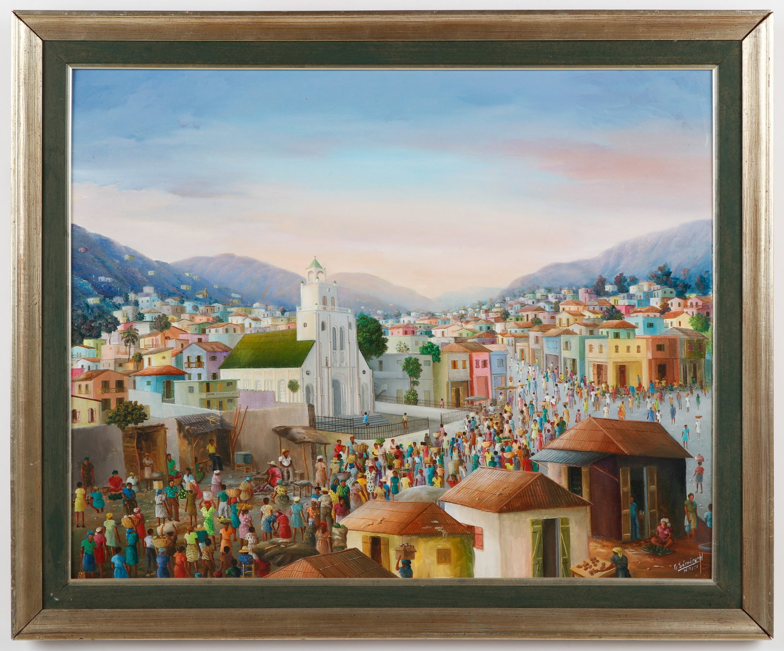 Galland Semerand (Haitian/Haiti) L'Eglise St. Gerard Belair, 1987: Galland Semerand (Haitian, b. 1953) L' Eglise St. Gerard Belair, 1987, oil on canvas. Framed. Size: 23.5'' x 29.5'', 60 x 75 cm (sight); 29'' x 35'', 74 x 89 cm (frame). Provenance: Galerie Macondo.
