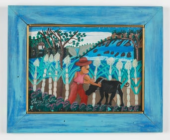 Theard Aladin (Haitian/Haiti) Farmer with Ox, Dated 1986