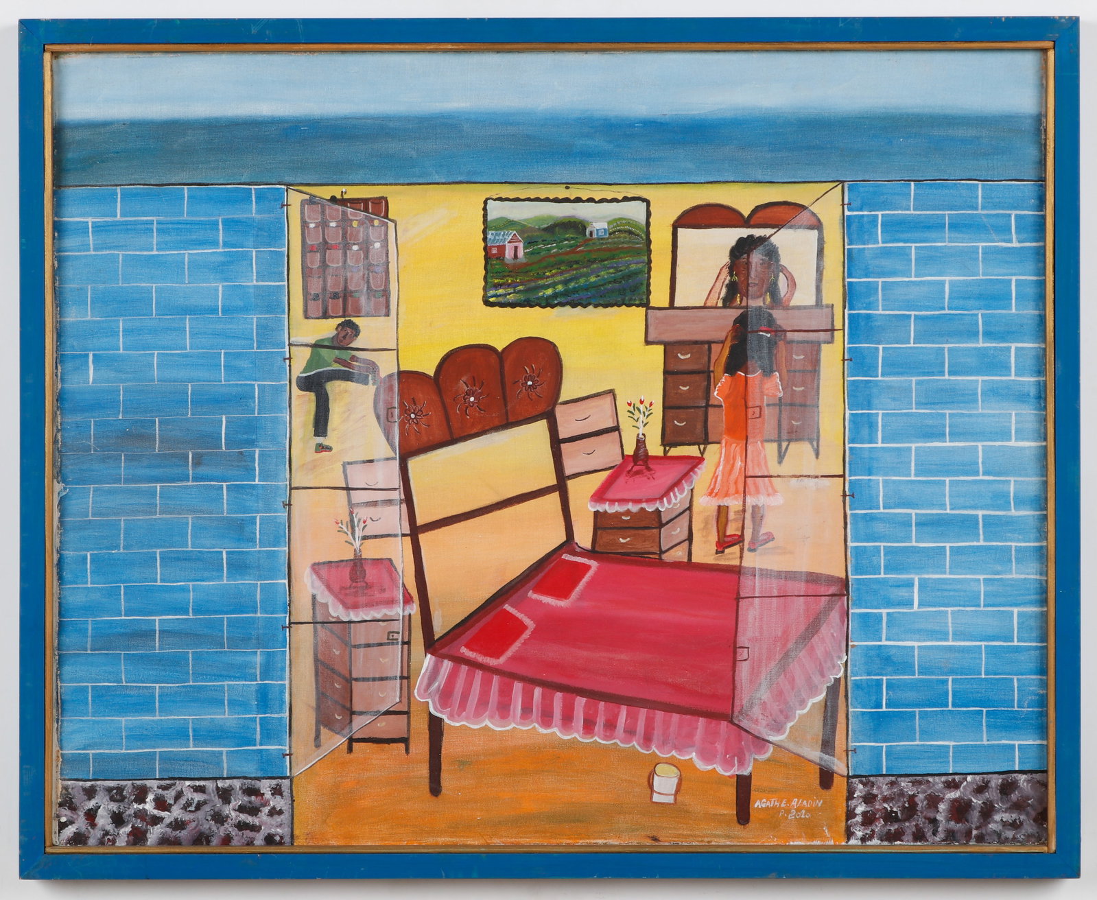 Agathe Aladin (Haitian/Haiti) Bedroom Scene: Agathe Aladin (Haitian, b. 1967) Bedroom Scene, 2010, oil on canvas. Framed. Size: 24'' x 30'', 61 x 76 cm (stretcher); 25.75'' x 31.75'', 65 x 81 cm (frame). Provenance: Galerie Macondo.