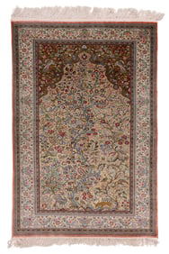 Fine Qum Silk Pictorial Mediation Rug, Persia, Ca. 1970, 4'7'' x 6'9''