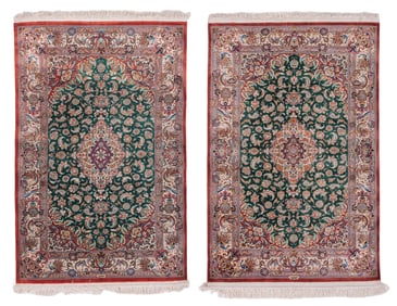 Fine Pair of Signed Silk Qum Rugs, Persia, Ca. 1970, 3'2'' x 4'11''