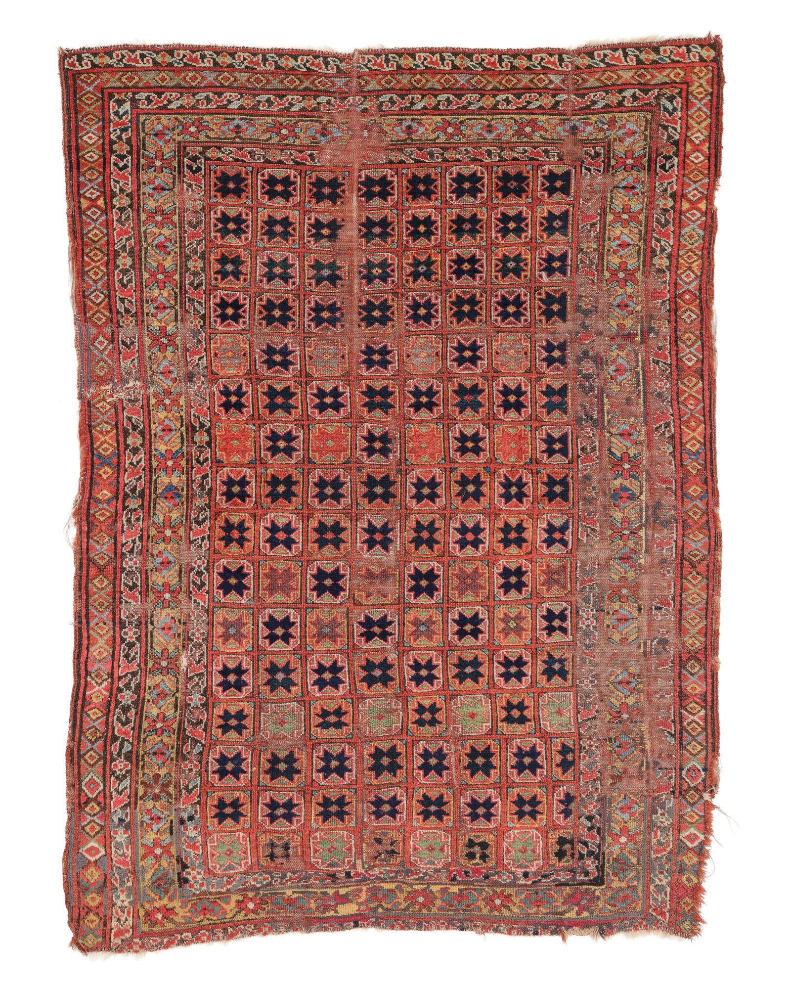 West Persian Kurd Rug, 19th C., 4'7'' x 6'2'': West Persian Kurd Rug, 19th C., 4'7'' x 6'2'' (140 x 188 cm). Weight: 9 lbs. Material: wool pile, wool warp, wool weft. Distressed condition.