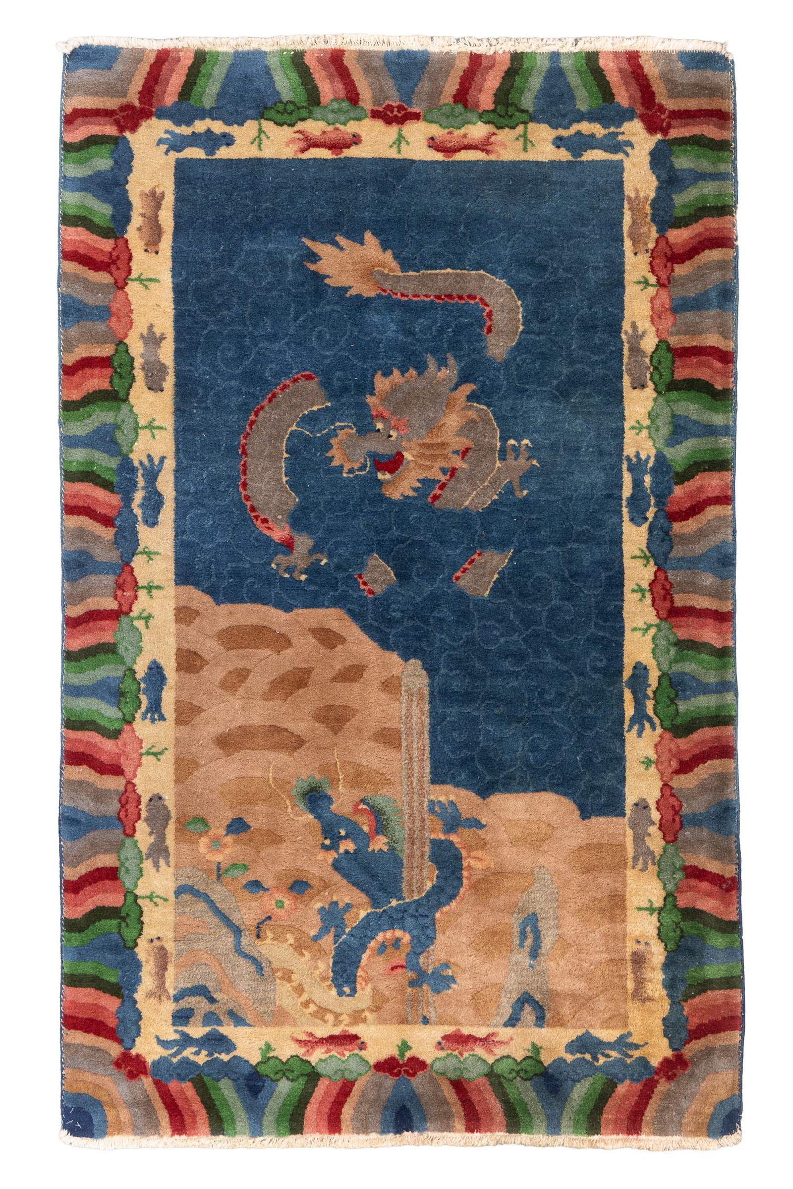 Chinese Art Deco Dragon Rug, Ca. 1930's/40's, 3'0'' x 4'9'': Chinese Art Deco Dragon Rug, Ca. 1930's/40's, 3'0'' x 4'9'' (91 x 145 cm). Weight: 13 lbs. Material: wool pile, cotton warp, cotton weft. Pennsylvania estate collection.