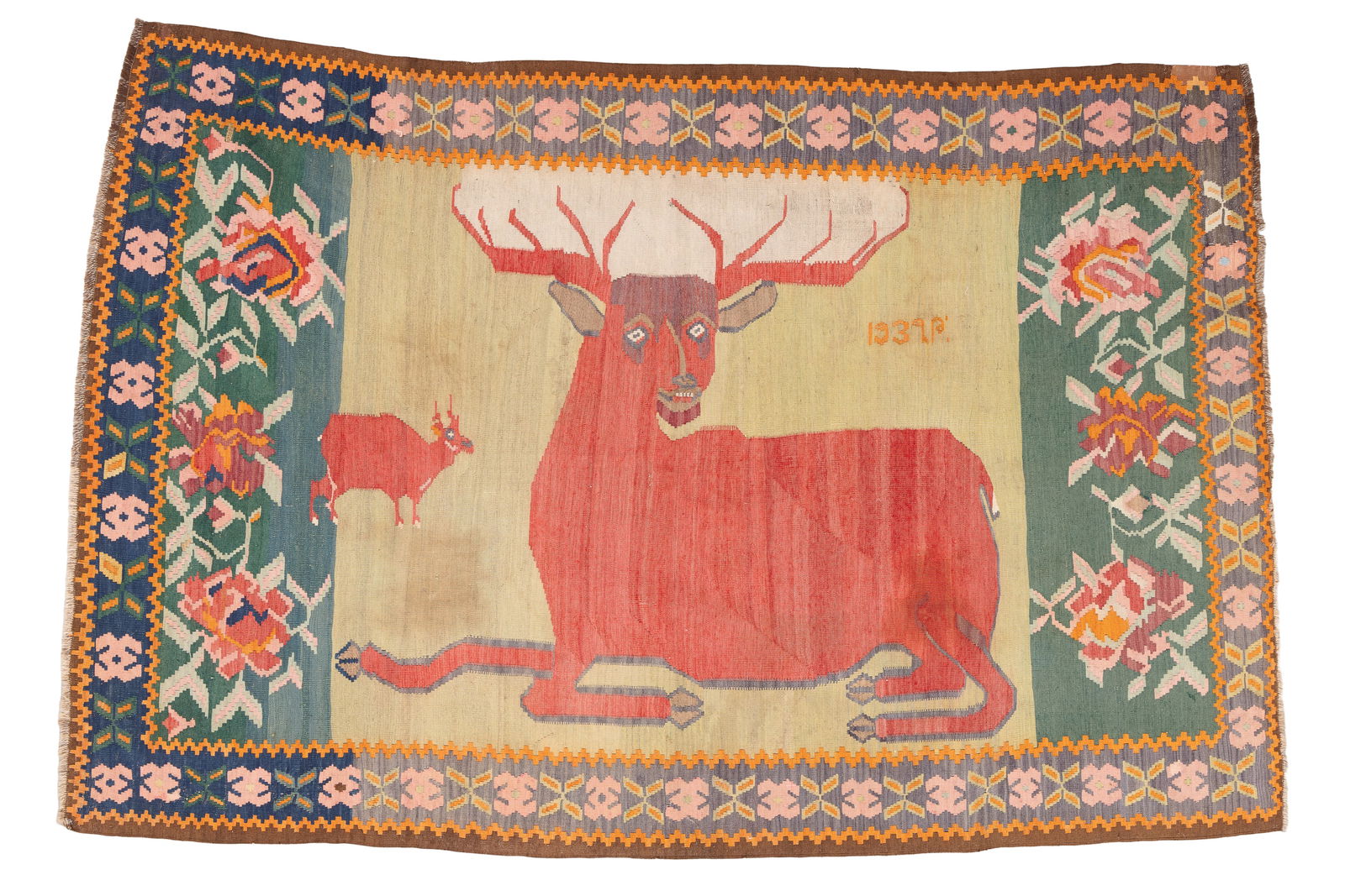 Karabagh Pictorial Folk Art Kilim of Deer, Caucasus, Dated 1932, 4'4'' x 6'8'' (1 of 4)