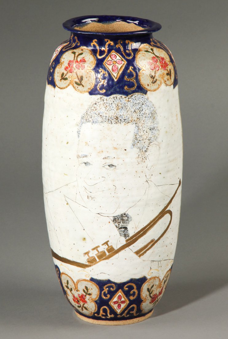 Frimkess, Dizzy Gillespie Tagamet Vase, 1989: Michael and Magdalena Frimkess (born 1937; born 1929), Dizzy Gillespie Tagamet Vase, 1989. Medium: earthenware, hand painted & gilded. Size: 18" H (45 cm). Provenance: GlaxoSmithKline LLC.