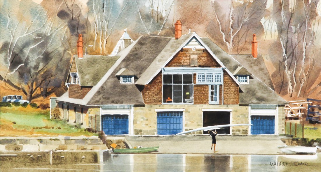 Warren Blair, Boat House Row - Philadelphia Watercolor: Warren Blair (American, 20th c.), Boat House Row. Medium: Watercolor. Size: 20.5" x 29.5" (52 x 74 cm). Provenance: GlaxoSmithKline LLC.