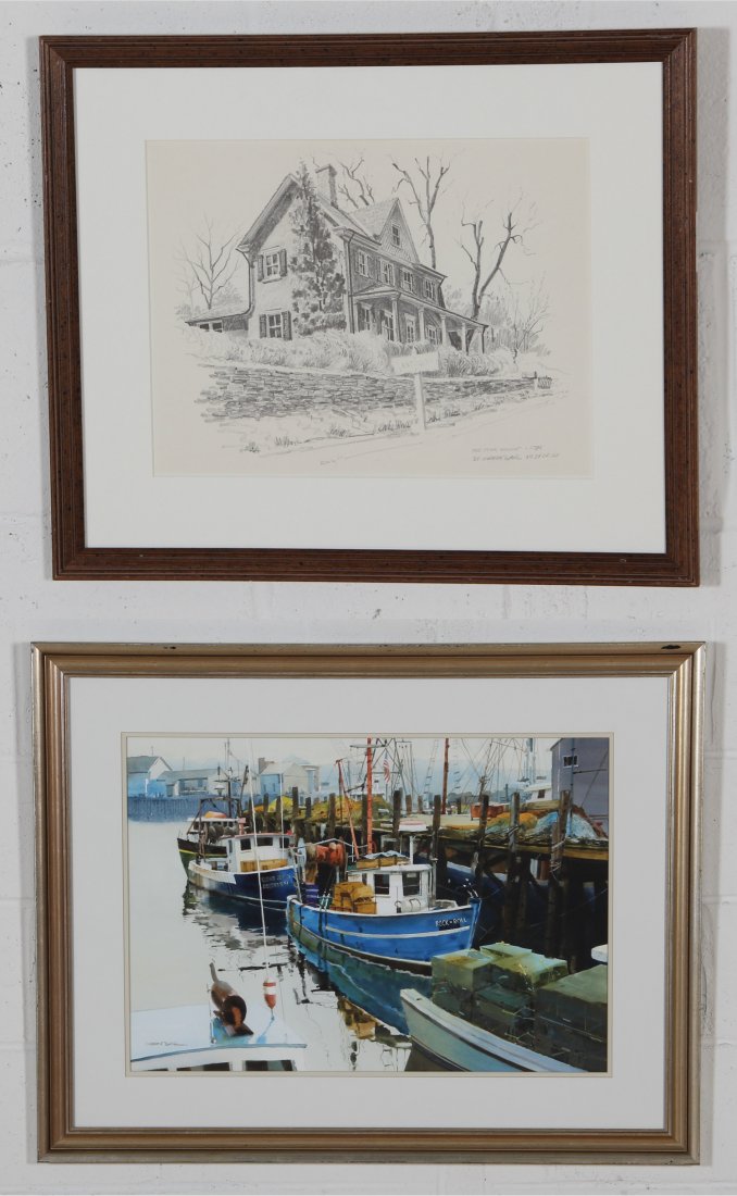 Blair, Two Works of Art: Warren Blair (American, 20th c.). Two Works. 1) The Pink House 1784. Medium: Reproduction Print. Size: 16" x 19.25". 2) Rock & Roll, 1989. Medium: Watercolor Painting. Size: 29" x 37". Provenance: Gla