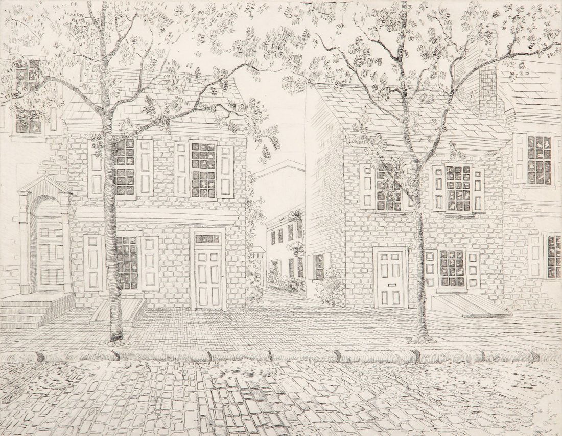 John Gerbner, Delancy Street, 1976, etching: John Gerbner (American, 20th c.), Delancy Street, 1976. Medium: Black and white etching. Size: 19" x 22". Provenance: GlaxoSmithKline LLC.