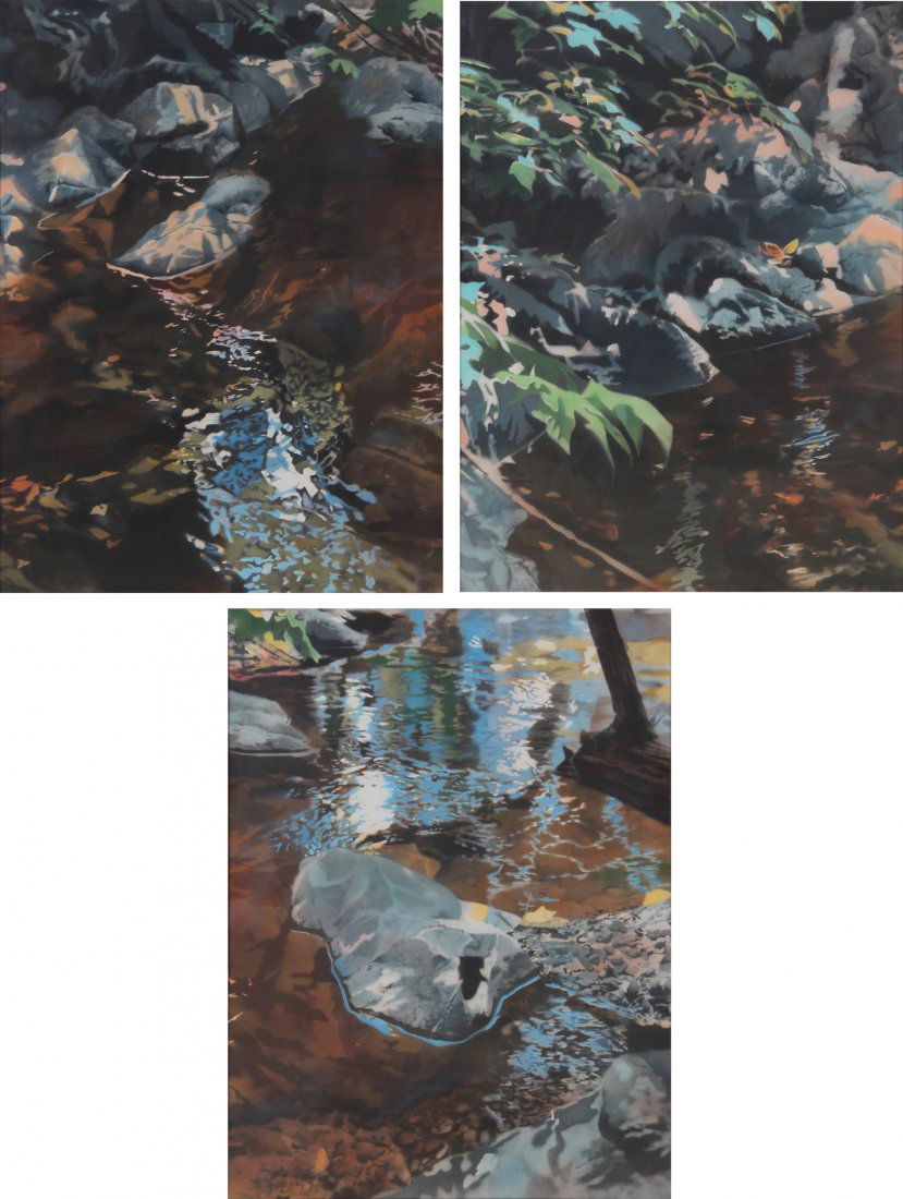 David Kessler, Stream Patterns: David Kessler (American, 20th c.). Three Works. 1) Stream Patterns Tryptich (3 Parts). Medium: Hand colored lithograph with airbrush. 2) Stream Patterns. Medium: Hand colored lithograph print with air