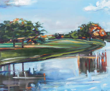 Susan Grossman Hand Painted Giclee: Susan Grossman (American, 20th c.), Lakeside II, 2002. Medium: Hand painting over giclee. Size: 29" x 33". Provenance: GlaxoSmithKline LLC.