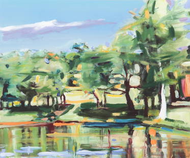 Susan Grossman Hand Painted Giclee: Susan Grossman (American, 20th c.), Lakeside Diptych, 2003. Medium: Hand painting over giclee. Size: 29" x 33" (73 x 83 cm). Provenance: GlaxoSmithKline LLC.