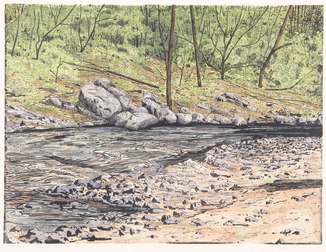 Woolsey, Wissahickon Rapids #1, 1976: Woolsey (American, 20th c.), Wissahickon Rapids #1, 1976. Medium: Woodblock print. Size: 26.25" x 31.5". Provenance: GlaxoSmithKline LLC.