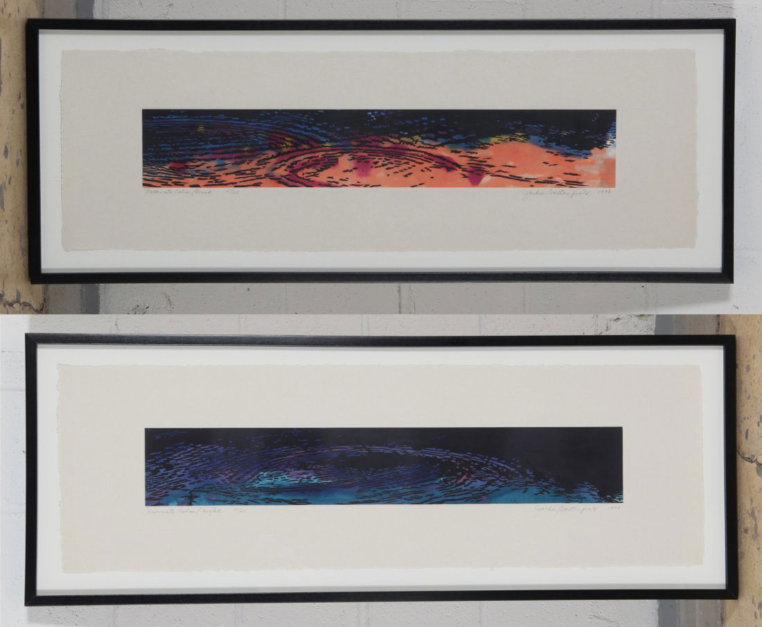 Battenfield, Two Monotypes, Framed: Jackie Battenfield (American, b. 1950). Two Works. 1) Resonate Calm: Dusk. Medium: Monotype collage print. 2) Resonate Calm: Night. Medium: Monotype collage print. Size: 16.75" x 44" (42 x 111 cm) eac