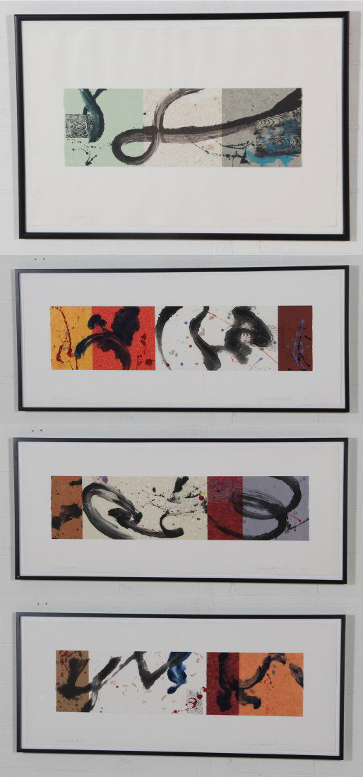 Battenfield, Four Works of Art: Jackie Battenfield (American, b. 1950). Four Works. 1) Counter Mark II. Medium: Monotype collage print. Size: 28.5" x 42"(72 x 106 cm). 2) Cross Currents 6, 2005. Medium: Monotype collage print. Size:
