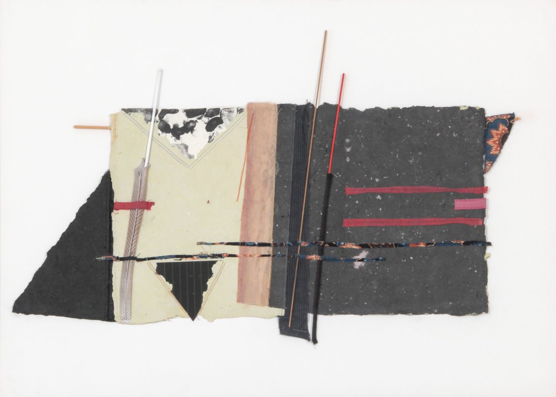 Martha Zelt, Pinto Peach, 1981, mixed media: Martha Zelt (American, b. 1930), Pinto Peach, 1981. Medium: mixed media, handmade paper, collage, fabric, stitching, lithograph, etching. Size: 32" x 42.25". Provenance: GlaxoSmithKline LLC.