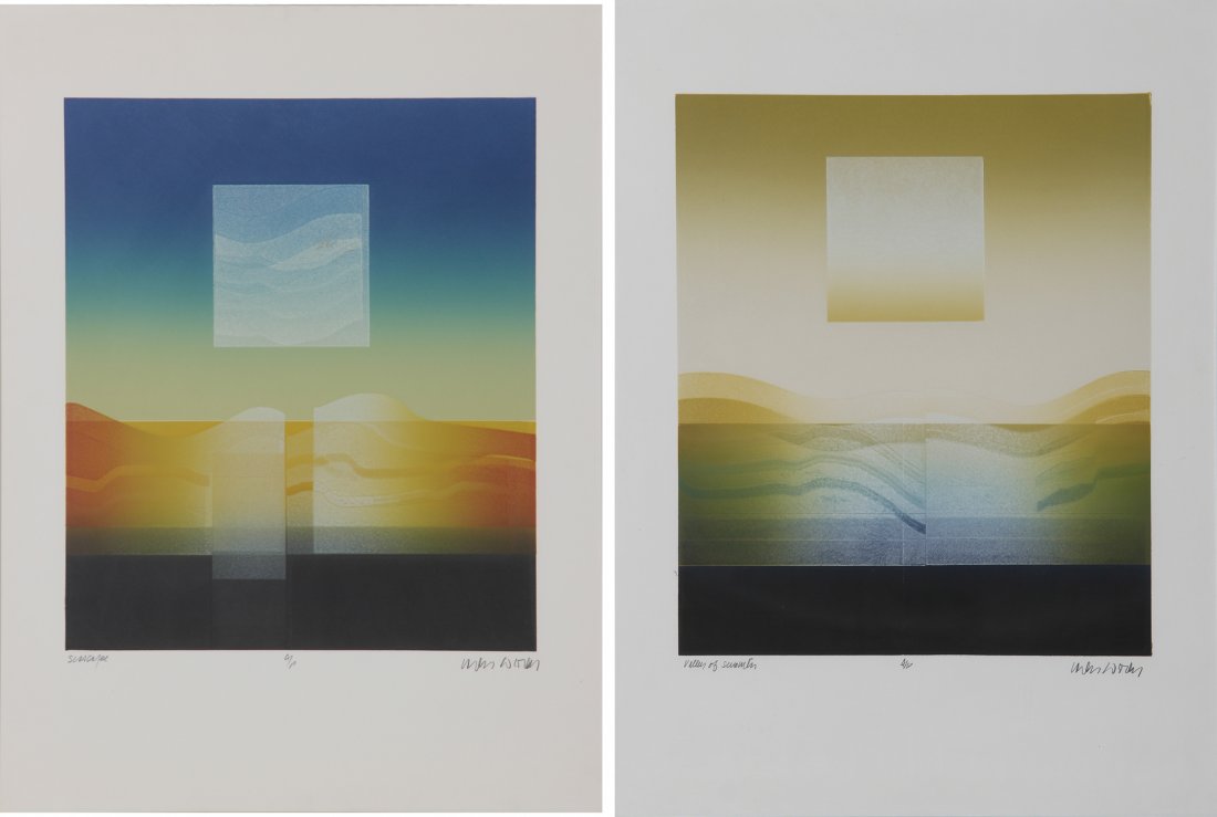 Carlos Davila, Two Works of Art: Carlos Davila (American, 20th c.). Two Works. 1) Illegible, Seascape. Medium: . Size: 35.5" x 26.75". 2) Valley of Serenity. Medium: Aquatint. Size: 35" x 26.25". Provenance: GlaxoSmithKline LLC.