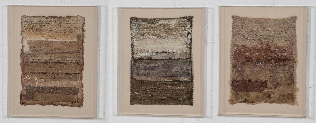 Ward, Three Works of Art: Cheryl Ward (American, 20th c.). Three Works. 1) Jubail I, 1982. Medium: Mixed media. Size: 30" x 24". 2) Keep, 1979. Medium: Triptych, handmade paper, dye thread, gouache, crayon on cast paper. Size: