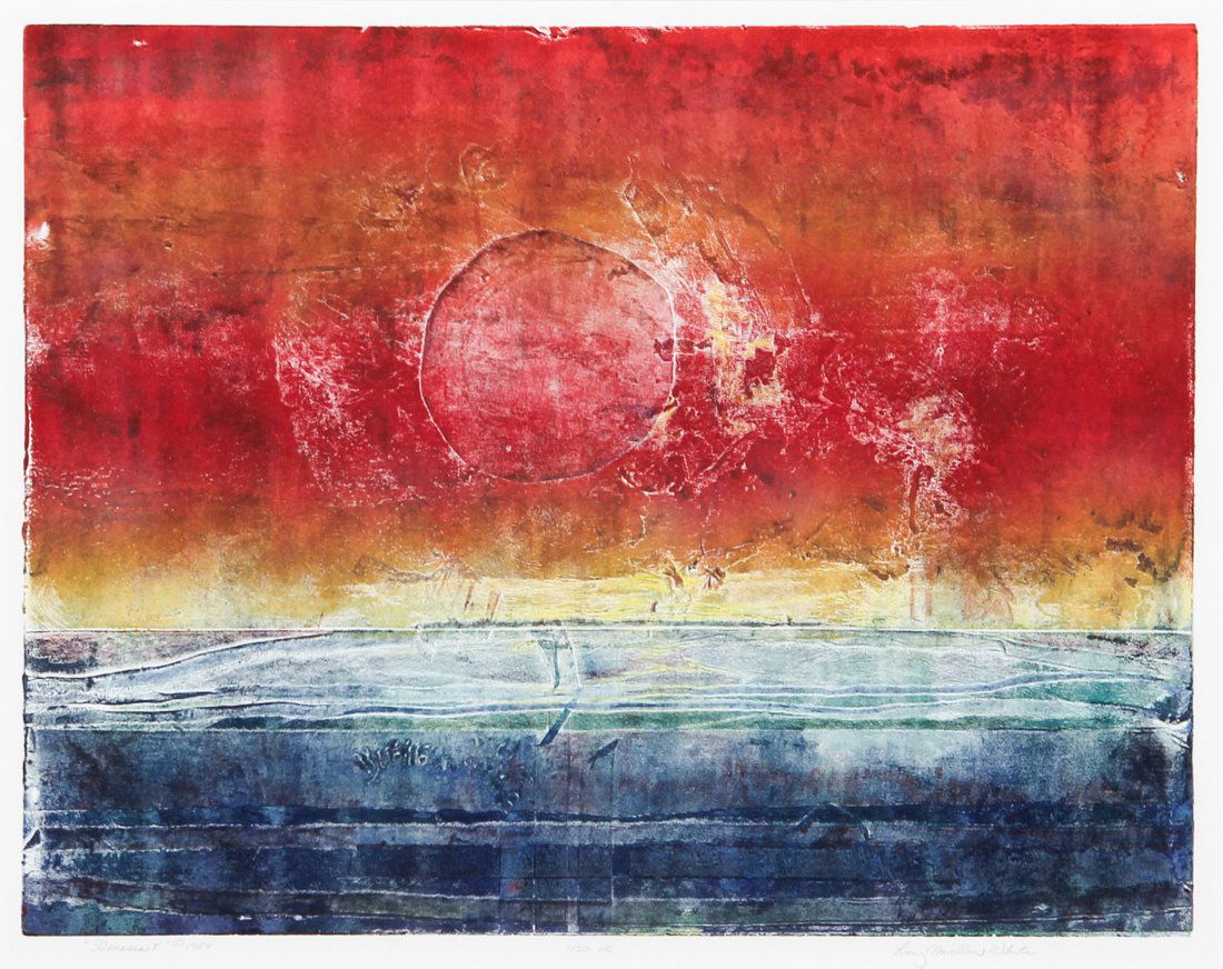 Lucy White Abstract Art: Lucy White (American 20th c., Active: Massachusetts), Mueller, Genesis I. Medium: Intaglio. Size: 29.5" x 35.25". Provenance: GlaxoSmithKline LLC.